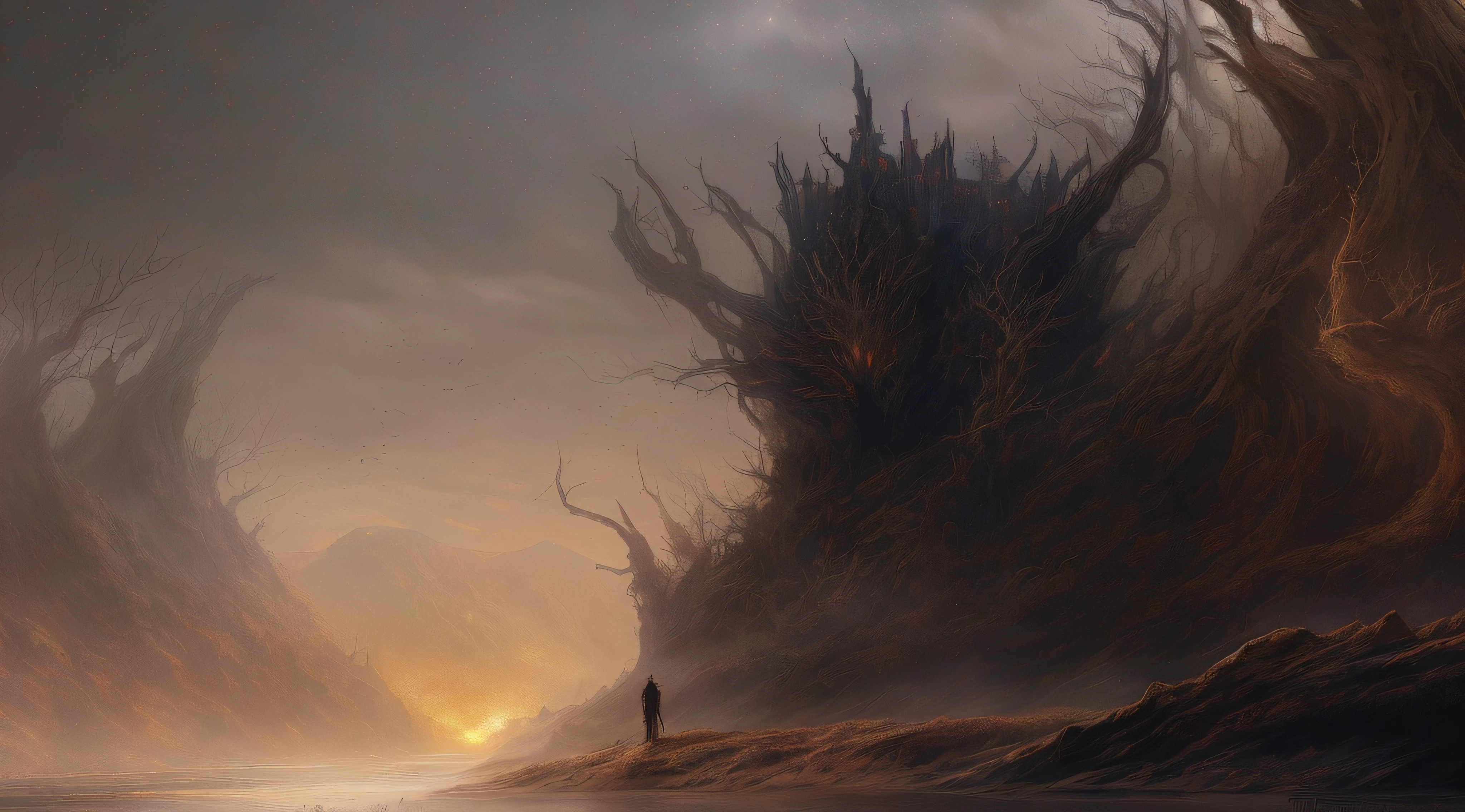 there is a man standing in front of a giant tree, dramatic concept art, pintura de fantasia fosca grimdark, arte conceitual de fantasia sombria, an ominous fantasy illustration, Stefan Koidl inspirado, epic digital concept art, epic fantasy concept art, inspirado em Igor Kieryluk, paisagem lovecraftiana, inspirado em Tomasz Jedruszek