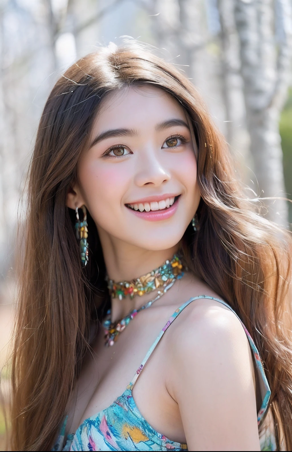 (extra detailed body、extra detailed face、best qualtiy:1.2)、femele、looking at the viewers、(、Outstanding smile、Earrings of bird feathers up to the shoulders、Fancy Necklaces、Colorful tank top、hippy)、(Birch tree chaos on background:1.4)