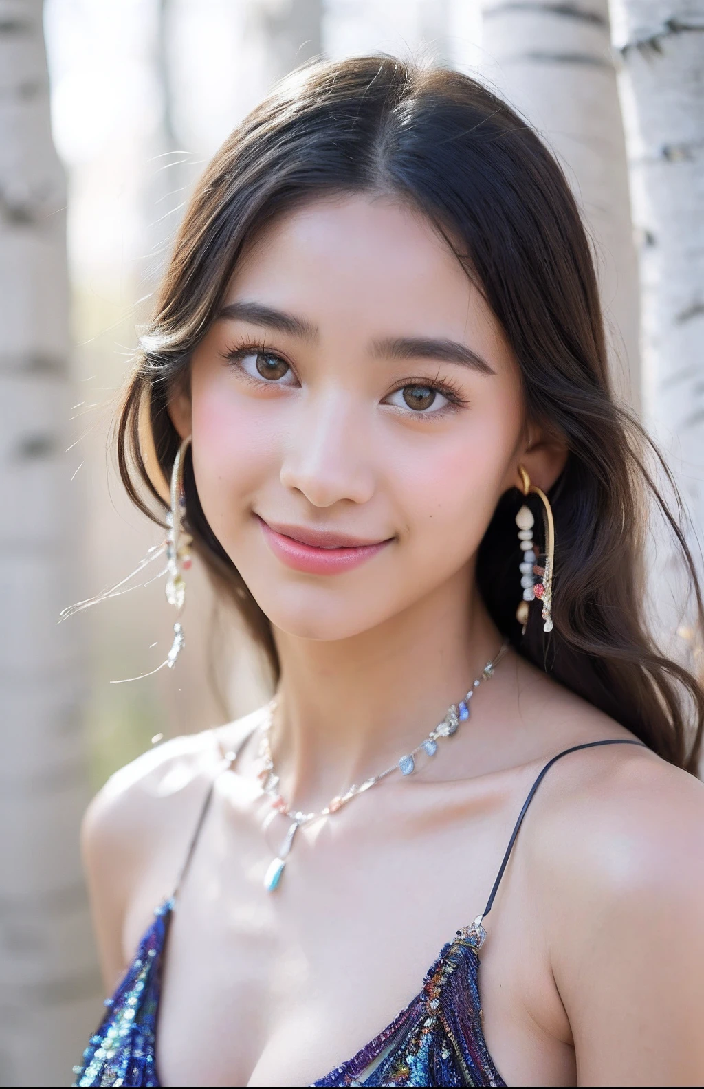 (extra detailed body、extra detailed face、best qualtiy:1.2)、femele、looking at the viewers、(、Outstanding smile、Earrings of bird feathers up to the shoulders、Fancy Necklaces、Colorful tank top、hippy)、(Birch tree chaos on background:1.4)