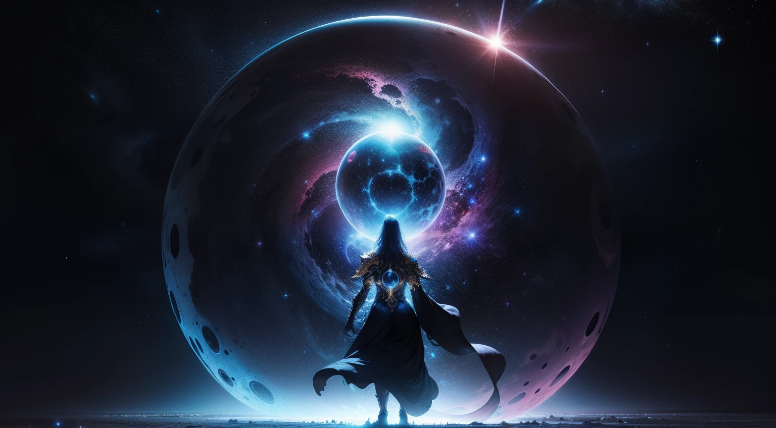 Cosmic entity with its back floating through the universe, Planetas, estrelas, Escuro, brilho, galaxias, Titan, cronos, tempo, universo, abstrato, 8k, alta resolução.
