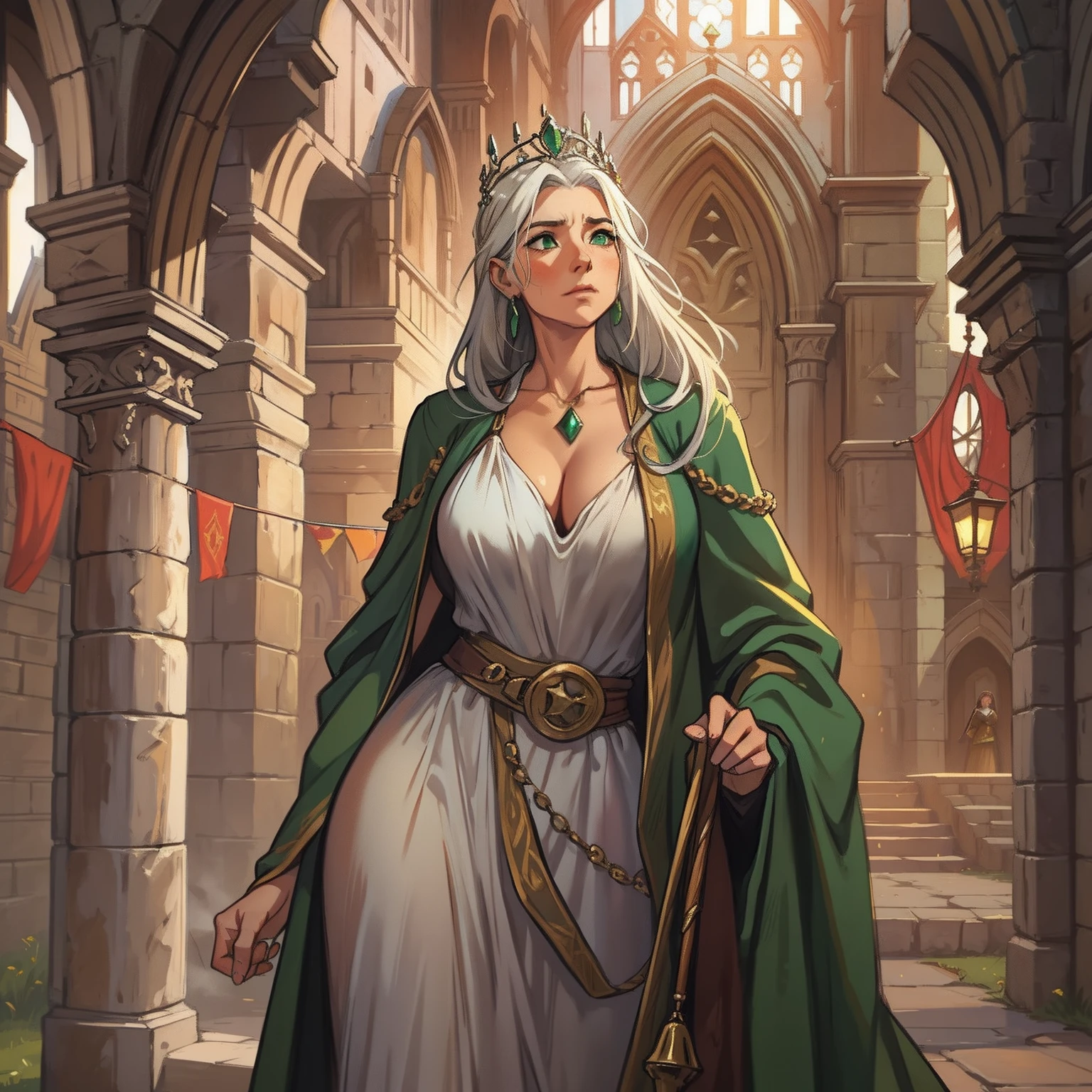 a portrait of a brown-haired woman, a powerful, old and elegant green-eyed queen with huge breasts and a low-cut dress, an NPC for a medieval RPG wearing medieval costumes in a medieval art RPG art, a rough detail art in a medieval castle, 50-year-old woman, white hair wearing green neckline dress and large breasts, traces of old age on the face, face with wrinkles and expression lines; of age