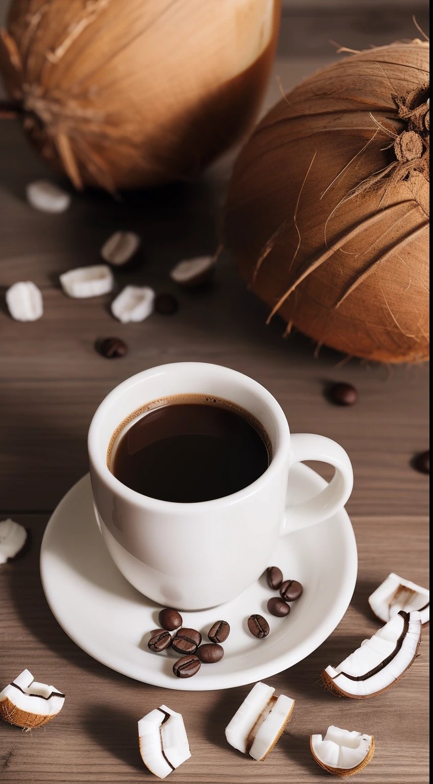 Coffee cup next to coconut pieces