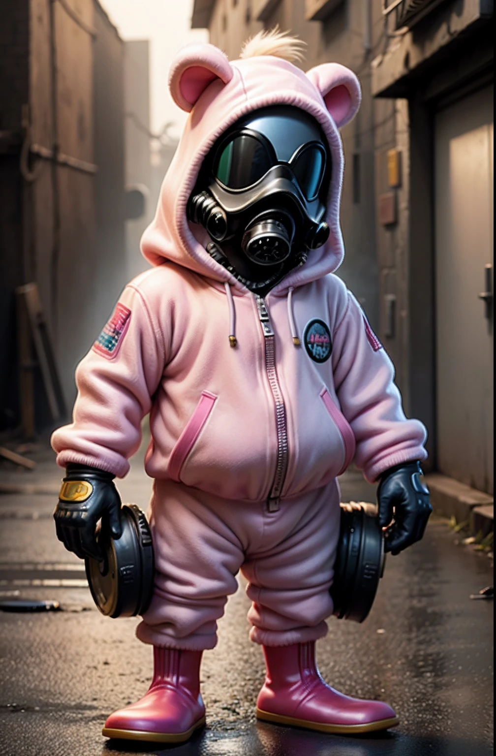 d0nald wearing cyberpunk metal armor with gas mask in a pink onesie