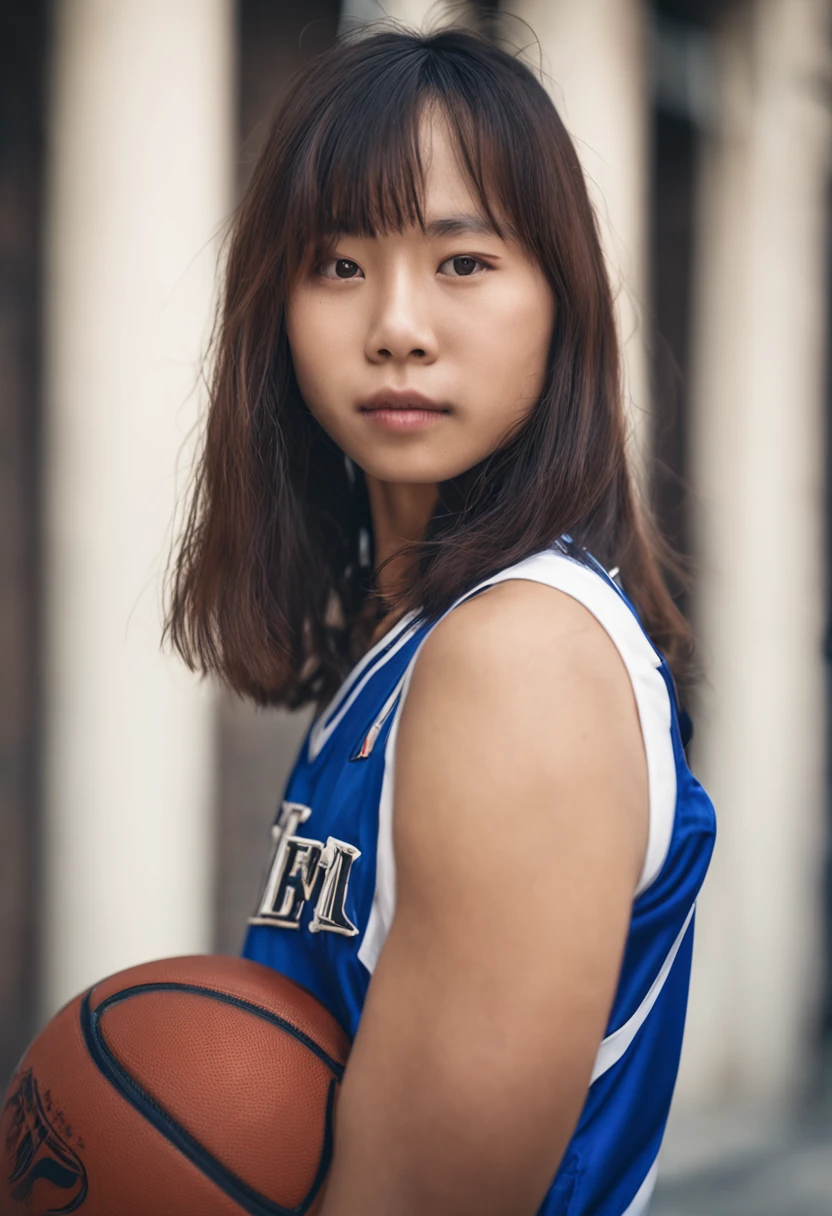 beauttiful asian model, medium length hair, basketball uniform, 8k, portrait shot, front facing, detailed, brown beatiful eyes