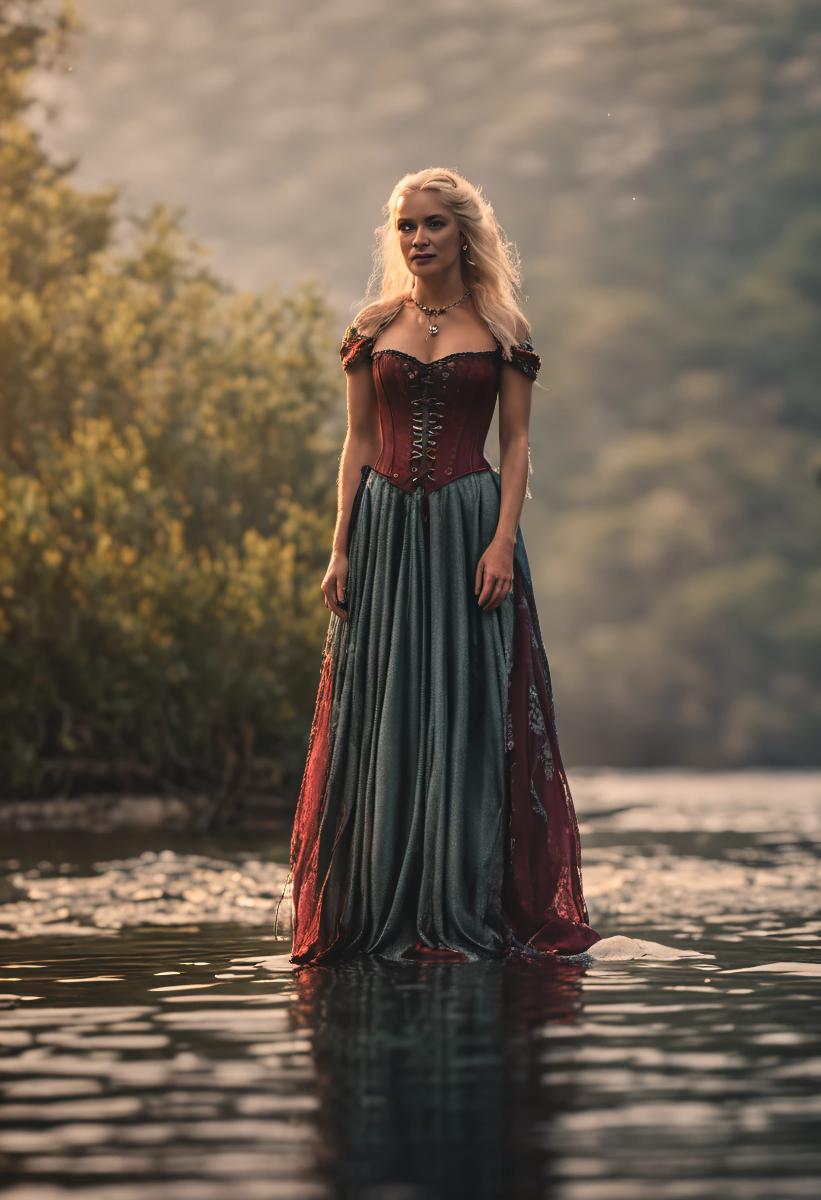 Blonde woman in a corset standing on a dock at the water's edge, cinematic outfit photo, Em Red Dead Redemption 2, Tiro com Canon 5 D Mark II, Tirado com Canon 5D MK4, photo taken with Sony a7R camera, protagonista feminina, Ciri de The Witcher, como um personagem de gtav, Foto tirada com Canon 5D