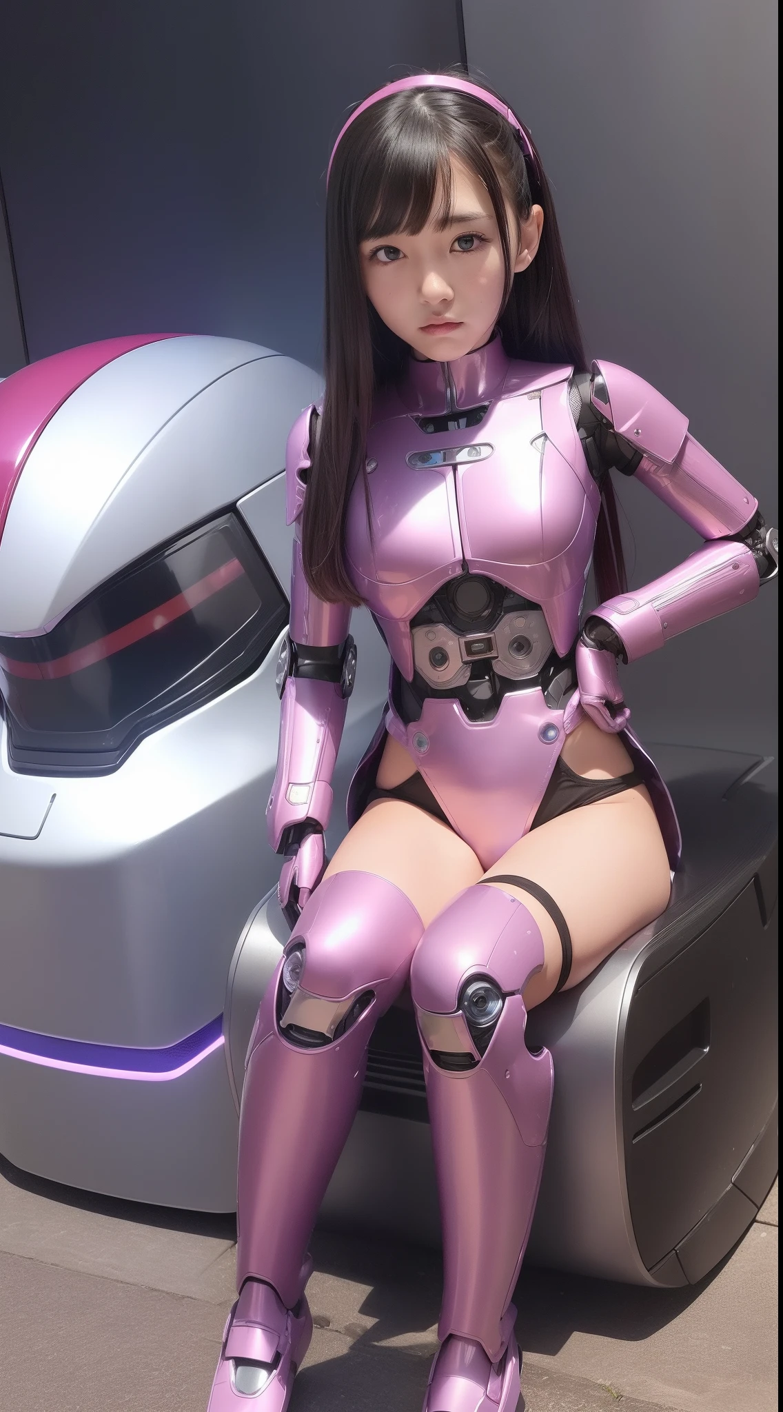 (Photorealsitic:1.4)、one girls、(top-quality)、(hyperdetailed face)、(Super well-formed face)、((Robot Parts))、(Robot Girl)、(Blue)、(pink there)、(Burgundy)、(metalic)、(full body)、(sexy pose)、(Slender body)、(Model body type)、(full body mech)、(mecha exposure)、(akihabara)、(is looking at the camera)、(A dark-haired)、(10Head and body)、(a small face)、(Idol)、(front facing)、(Sit on a chair with your crotch open)、(Hands on hips)、(Photo session)、(Looks sad)、(Olga)