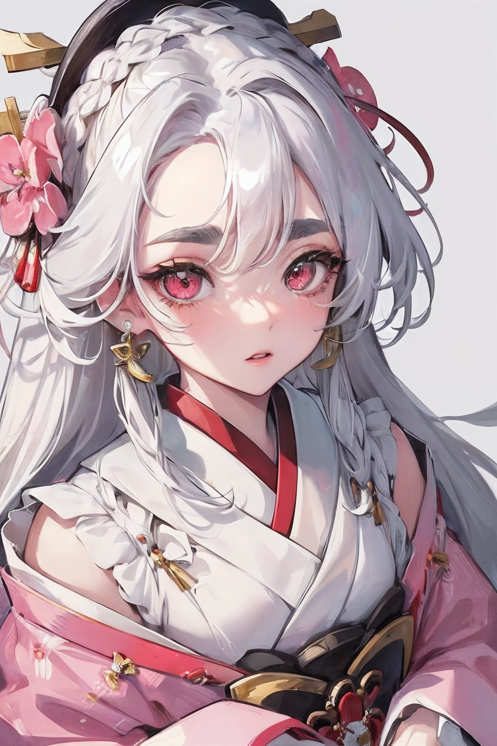 masterpiece, top-quality, The ultra -The high-definition, Top resolution, ighly detailed, Braided hair、pretty skin , thick eyebrow、Thick eyebrows、very thick eyebrows、from above geisha with long white hair , traditional clothes , pink eyes ,emerald earrings 8k high resolution