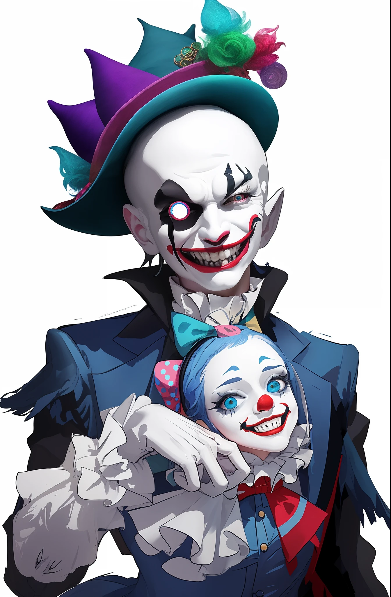"Generate an enchanting artwork with a fantasy touch and a whimsical atmosphere. Include elements such as a clown, joker hat, and vibrant colors for a playful and captivating composition."
