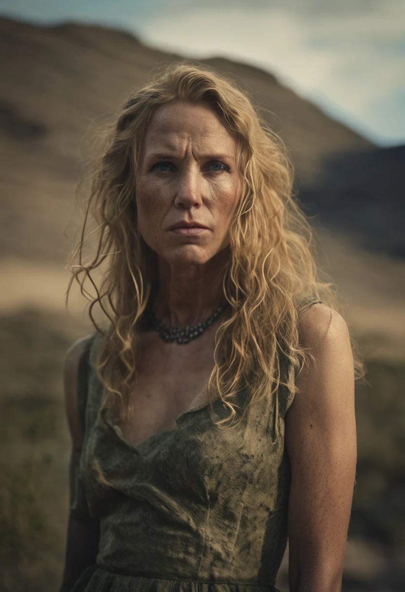 deep shadow, sinister, award winning photo, best quality, masterpiece, upper body, woman, freckled face, windblown blonde hair, emerald eyes, modern strapless dress  by Jeremy Lipking, by Antonio J. Manzanedo, by lee jeffries nikon d850 film stock photograph 4 kodak portra 400 camera f1.6 lens rich colors hyper realistic lifelike texture dramatic lighting unreal engine trending on artstation cinestill 800, fisheye lens, Style-Kilt, windy beach, scottish loch, forest