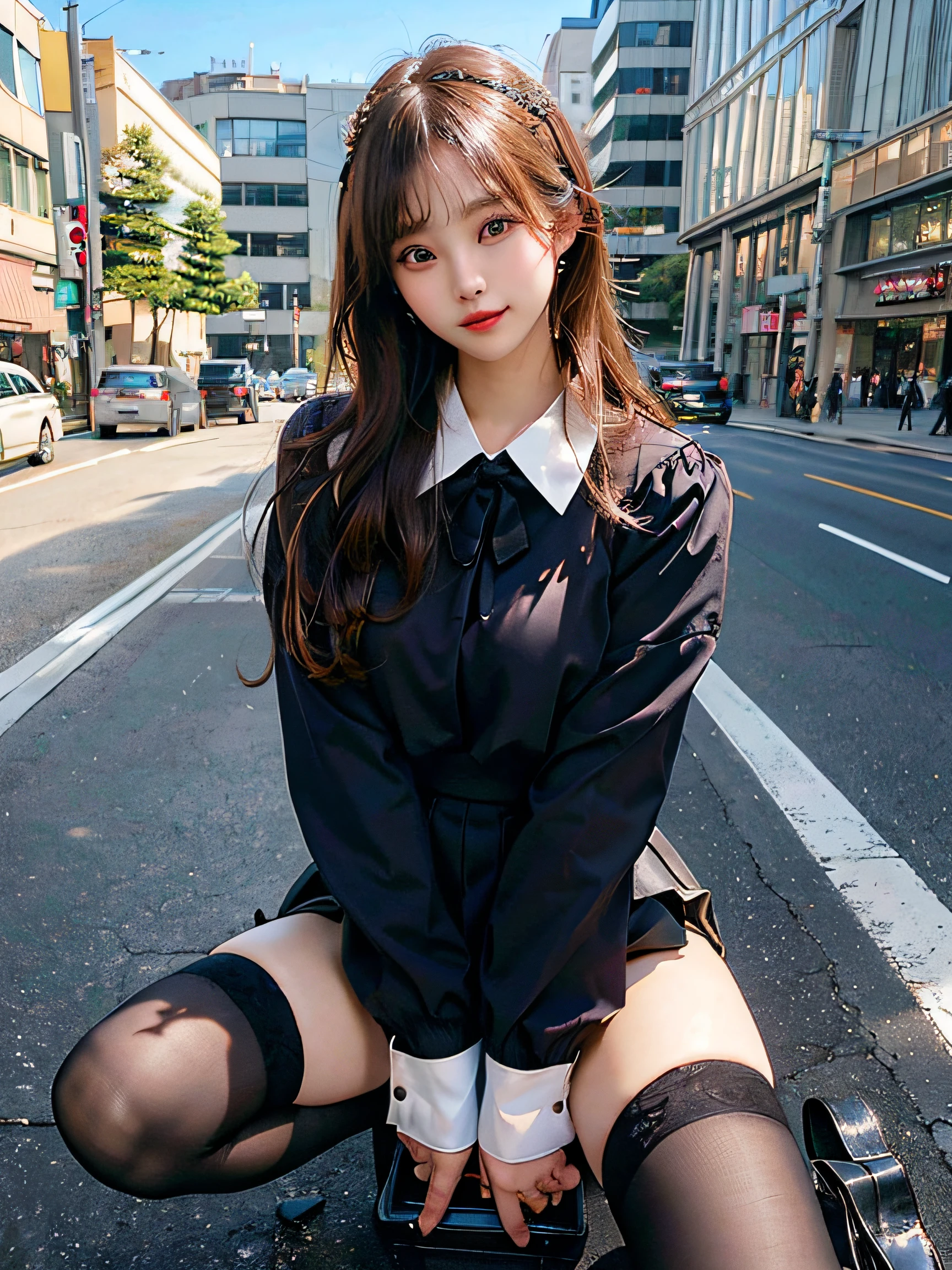 black lence stockings(No pants on) Brown loafers、(RAW photography:1.2)、(Photorealsitic:1.4)、Beautiful beautiful details and delicate facial expressions、The blonde、(Bigchest)((panties are visible))(Crouch down your pants to shoot、beatiful detailed eyes、Smiling、In the street Skyscrapers in the background hugefilesize、ultra - detailed、A high resolution、Transcendent beauty top-quality、tmasterpiece、、(Japanese girls' junior high school uniform))、Very detailed expression Magnificent、finedetail、Highly detailed facial movie lighting、a 16yo girl、frontage、((dynamicposes)))、(sit on legs,knee bend))、pleatedskirt、blazers、Sexy upper eye