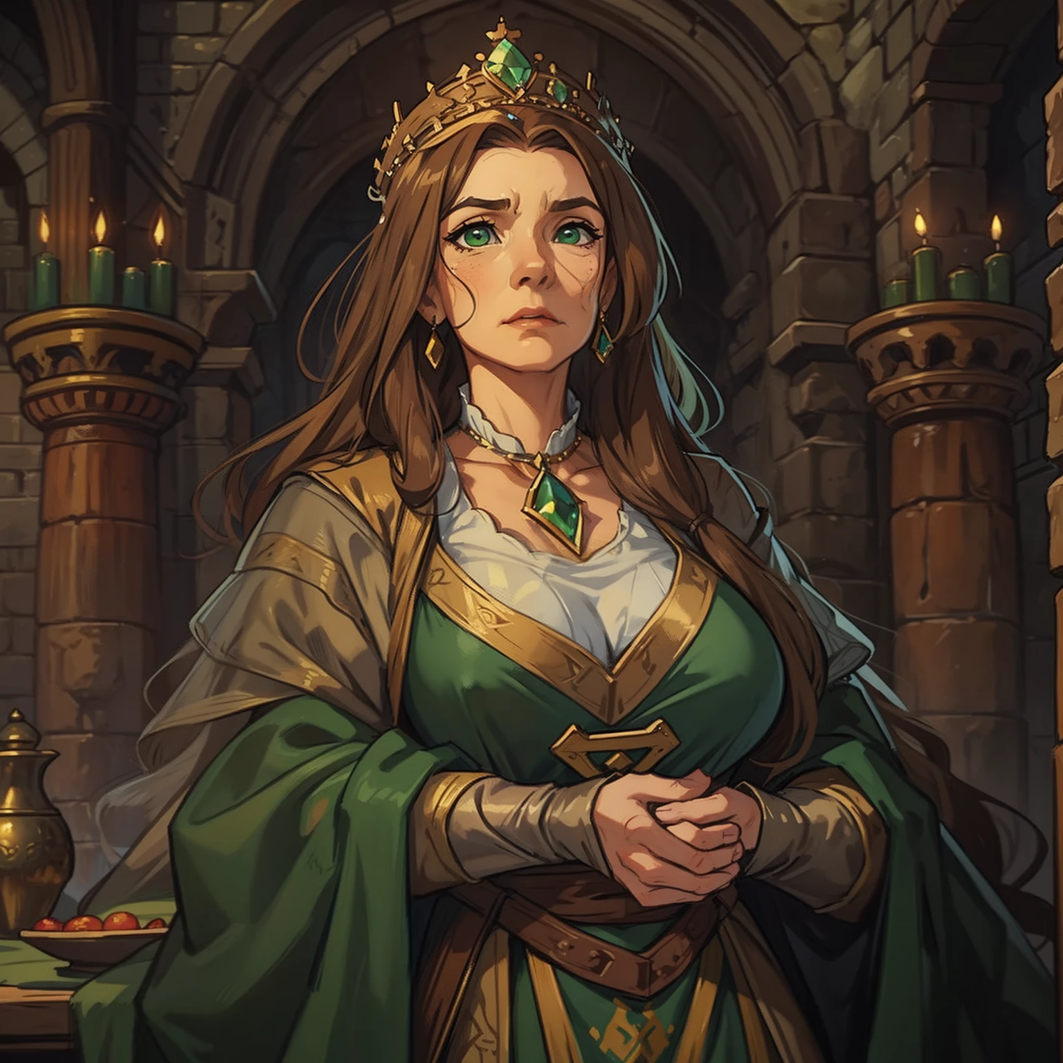 a portrait of a woman with brown colored hair, a powerful, elderly and elegant queen with green eyes, with huge breasts and a low-cut dress, an NPC for a medieval RPG wearing medieval costumes in a medieval art RPG art, a rough detail art in a medieval castle, 50-year-old woman wearing green neckline dress and large breasts, traces of old age on her face, face with wrinkles and expression lines; of age
