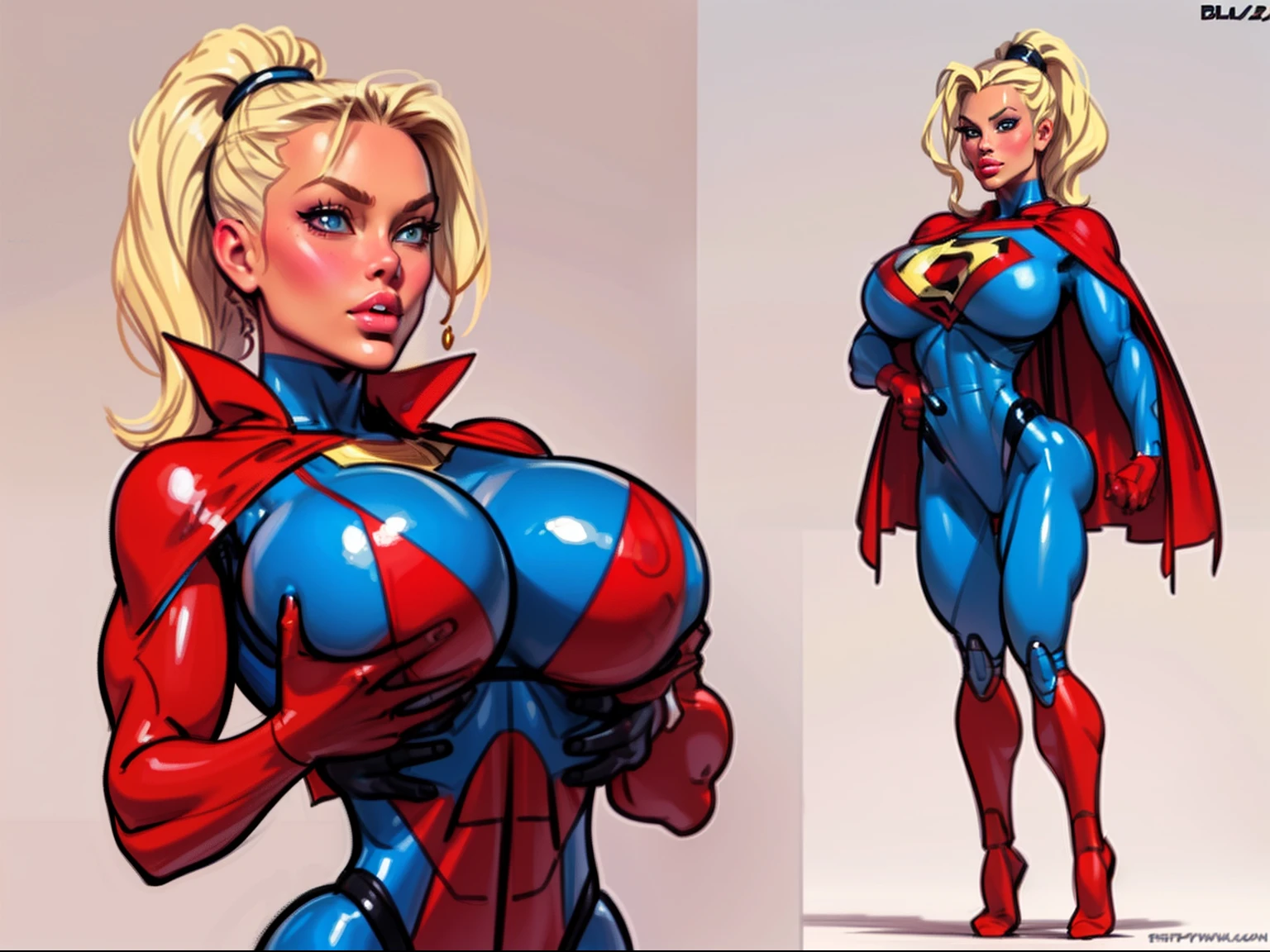 ((masterpiece)),(((best quality))),((character design sheet)), ((full body view)) illustration,1girl, muscular, ((blue bodysuit:1.5)), superhero, (blonde ponytail:1.4), (red cape:1.4) ((detailed face:1.4)) beautiful woman, (gigantic breasts:1.4) (red thighhighs:1.3)shiny skin, (gold emblem on chest:1.2),scribbles and marks, (puffy lips:1.5), rough sketches, pose, 8k,16k, (simple background, white background: 1.3)