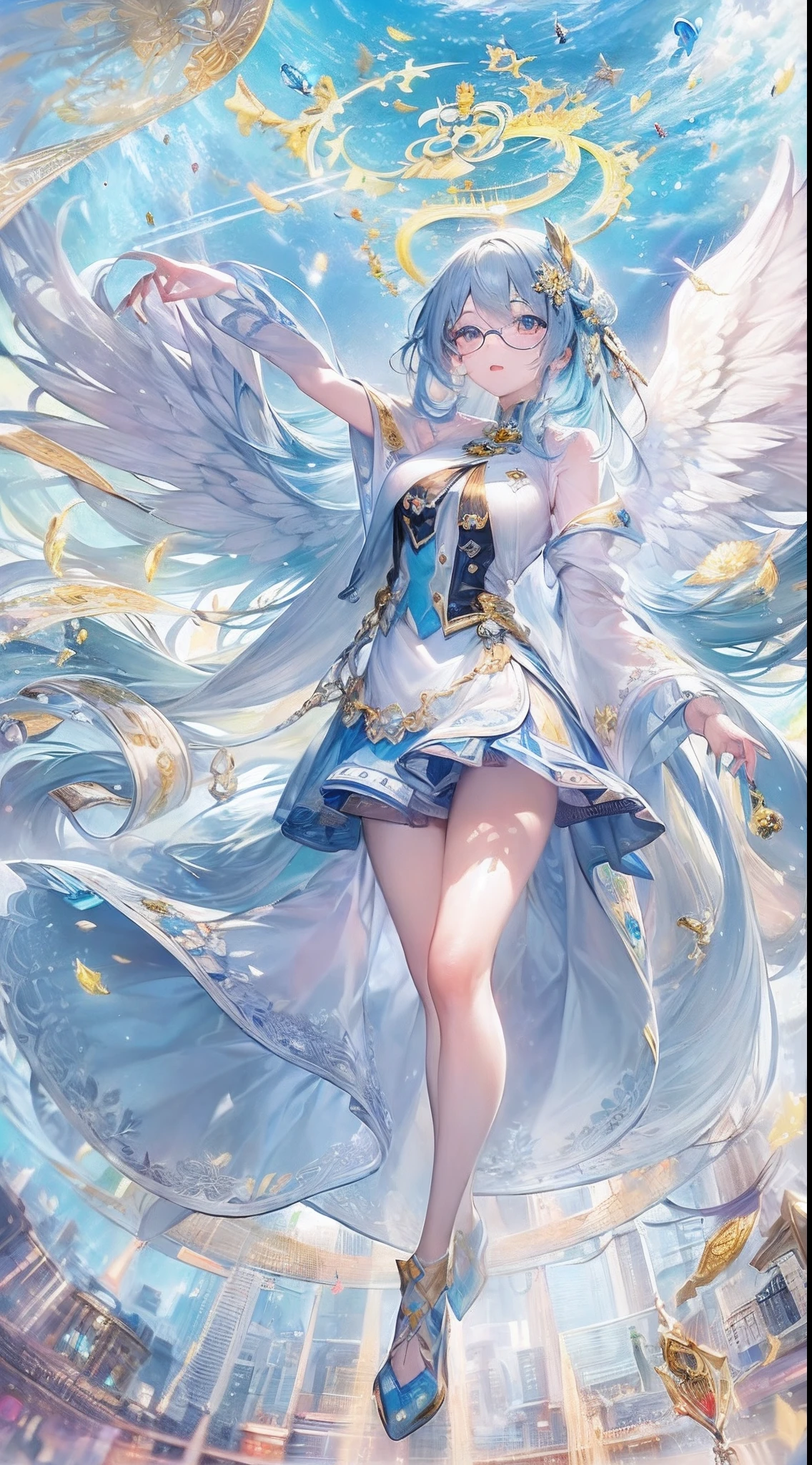 (((masterpiece、top-quality、top-quality、watercolor paiting)))(Curly)、Official art、Beautifully Aesthetic:1.2)、(4girl:1.5)、(Fractal Art:1.3)、The upper part of the body、colourfull、((Ultra-detailed retina:1.5))、embarrassed from、(Midriff)、((Super Detail Eyes:1.5))、(rainbow-colored hair、colourful hair、Half blue and half light blue hair:1.5)、((the Extremely Detailed CG Unity 8K Wallpapers、masterpiece、top-quality))、((ultra-detailliert:1.2))、(The best lighting、Best Shadows、extremely delicate and beautiful)、(the Extremely Detailed CG Unity 8K Wallpapers、masterpiece、best qualtiy、ultra-detailliert)、(The best lighting、Best Shadows、extremely delicate and beautiful)、(the perfect body:1.5)、((High School Uniforms:1.5)),{{{{Dazzling brilliance}}}}、Rainbow Bridge、(masutepiece:1.2), Best Quality, (Illustration:1.2), (Ultra-detailed), hyperdetails, (delicate detailed), (Intricate details), (Cinematic Light, best quality backlight), solo women, Perfect body, (4girl), (Best Illumination, extremely delicate and beautiful), Cinematic Light、【emblem:Irridescent color 】、【emblem】、【emblem】、Blue sky with white angel wings proportional to body、Sunnyday、eye glass