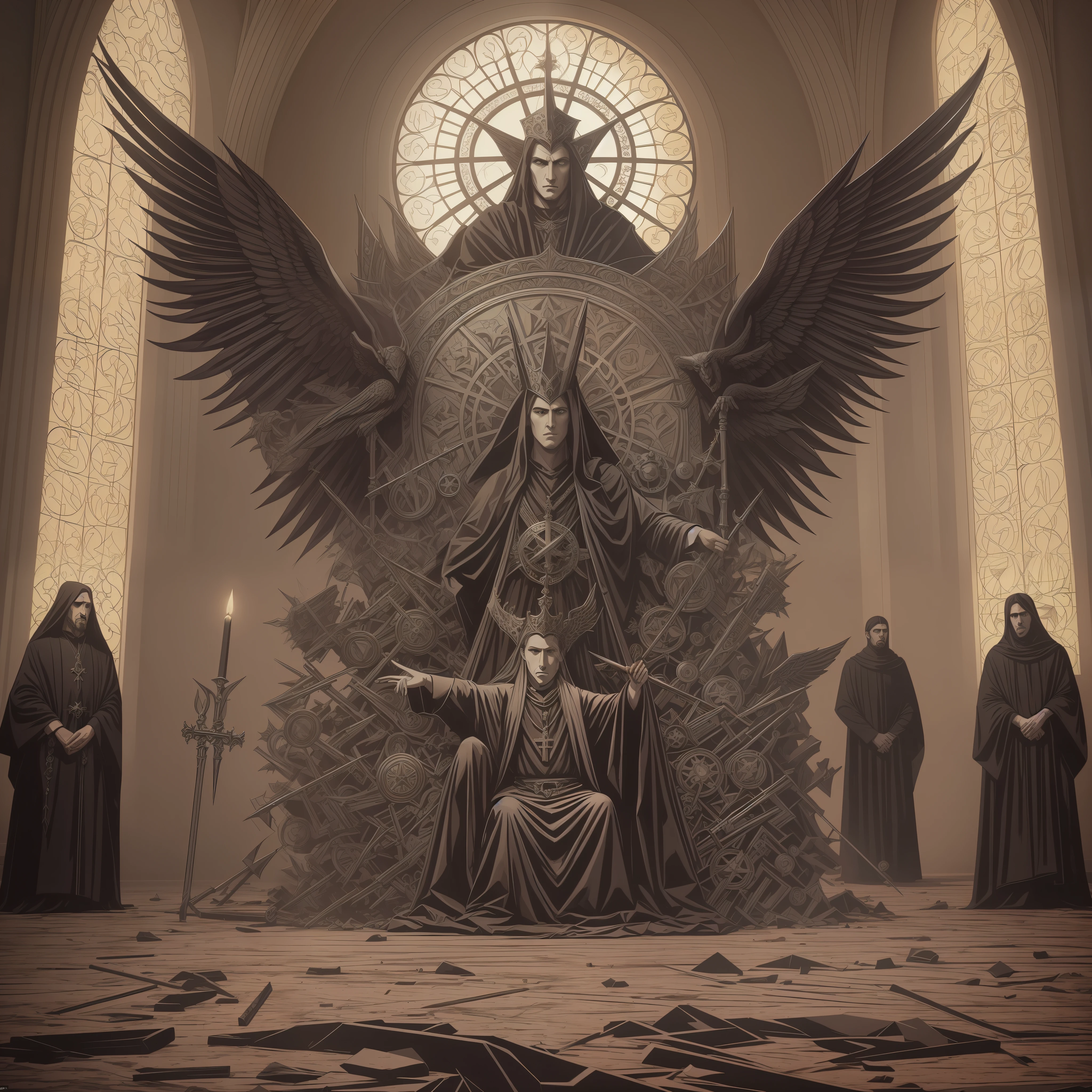 Draw a series of progressive images, beginning with the Antichrist in a position of weakness and obscurity, and ending with him sitting on a throne, surrounded by fanatical followers. Include elements of corruption, violence, and deception in each image to show how it has become increasingly powerful. You can use religious or cultural symbols to emphasize the sinister nature of the Antichrist and his rise to power. --auto --s2