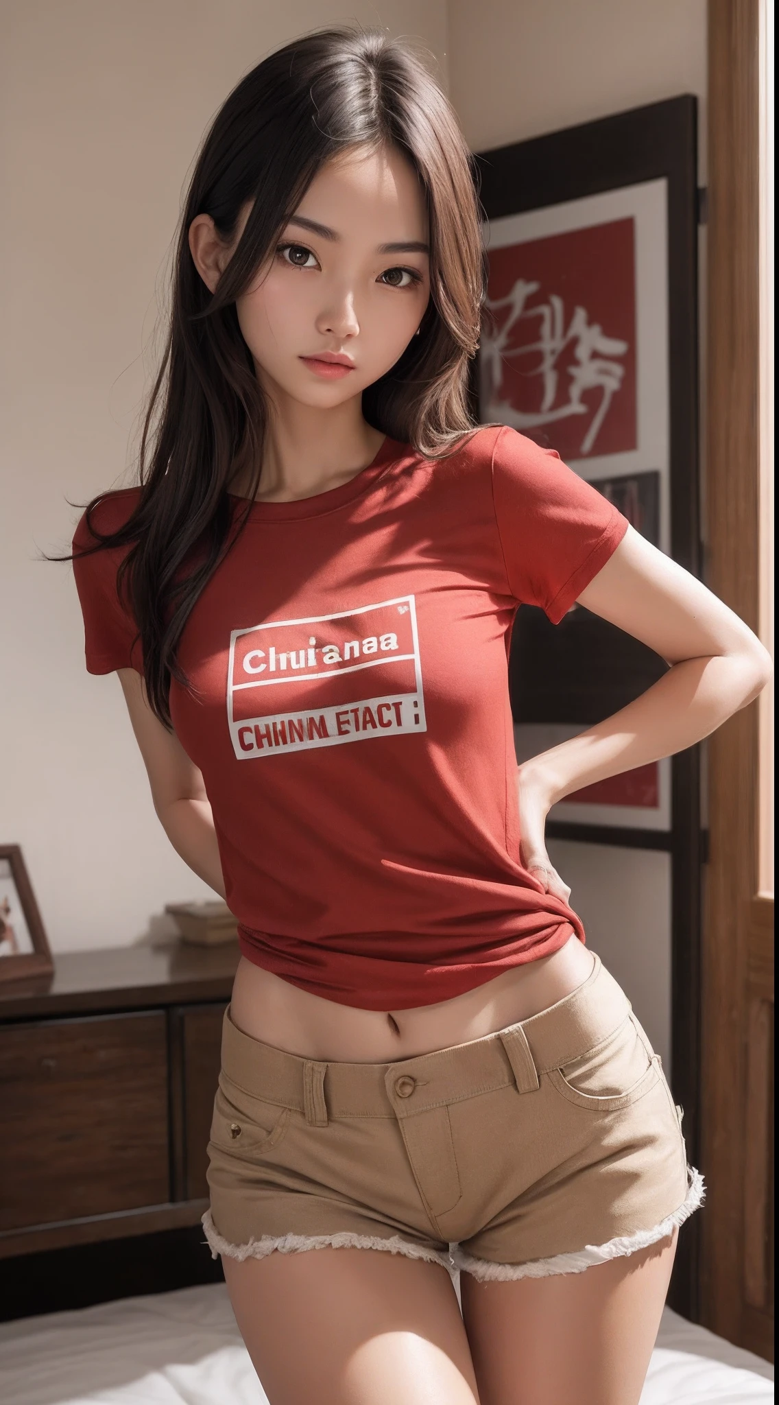 photorealistic, dynamic pose, 1girl, skinny, tan skin, Chinese, red baggy tshirt, shorts, wide thigh gap, wide thighs, bedroom, masterpiece