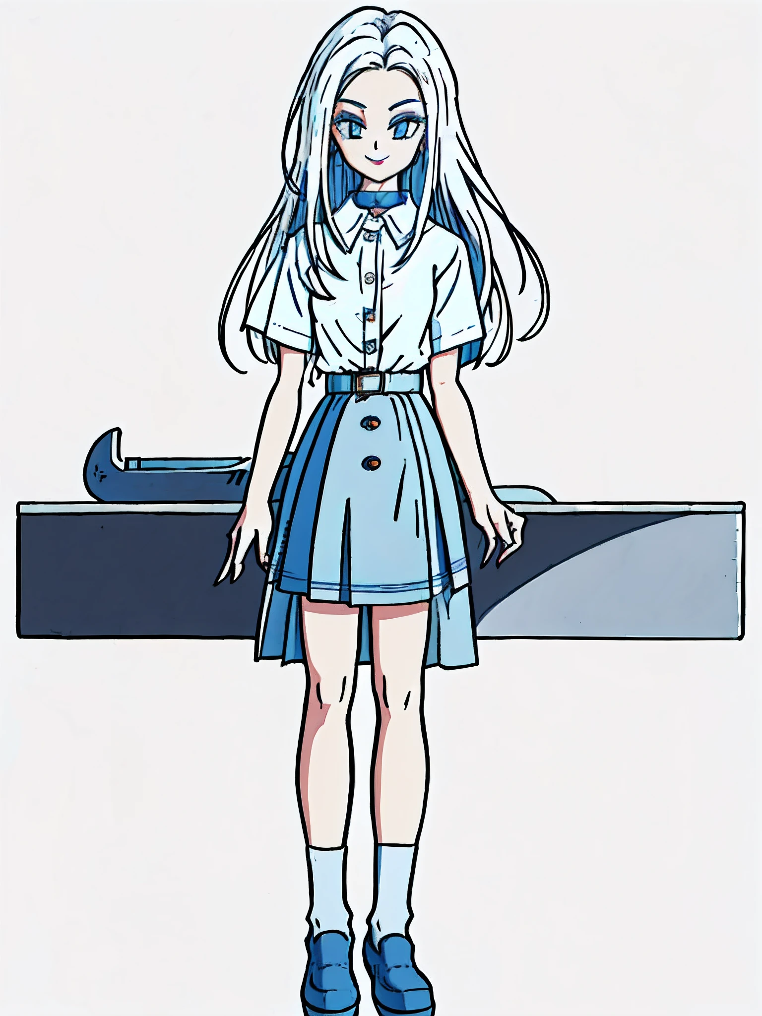 ((masterpiece, best quality)), (1girl), (solo), (female focus), (straight hair, white hair, long hair), deep blue eyes, empty smile, blue lipstick, ((white shirt), (buttoned shirt), (button gap)), ((deep blue skirt), (short skirt)), standing, white background, standing at attention, arms at sides