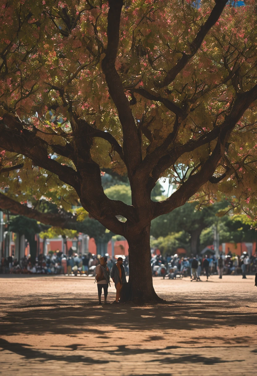 /imagine prompt: A tree-lined square with benches invites you to moments of tranquility and encounter. Majestic trees protect serene shade, while pigeons fly freely through the sky. As pessoas sentam-se nos bancos, aproveitando a paz do ambiente. In the center of the square, A group of young people wearing caps and sweatshirts surrounds a major radio label. The music plays loudly, preenchendo o ar com ritmo e energia. They dance with passion and freedom around the radio, turning the space into an impromptu party. The atmosphere is contagious, combining the splendour of nature with the youth youth. Fotografado por Mateus Oliveira, usando uma Nikon D750 com uma lente 35mm f/1.4, The lighting is soft and diffused, enhancing the details of the square and capturing the vitality of the young dancers. --v 5 --q 2