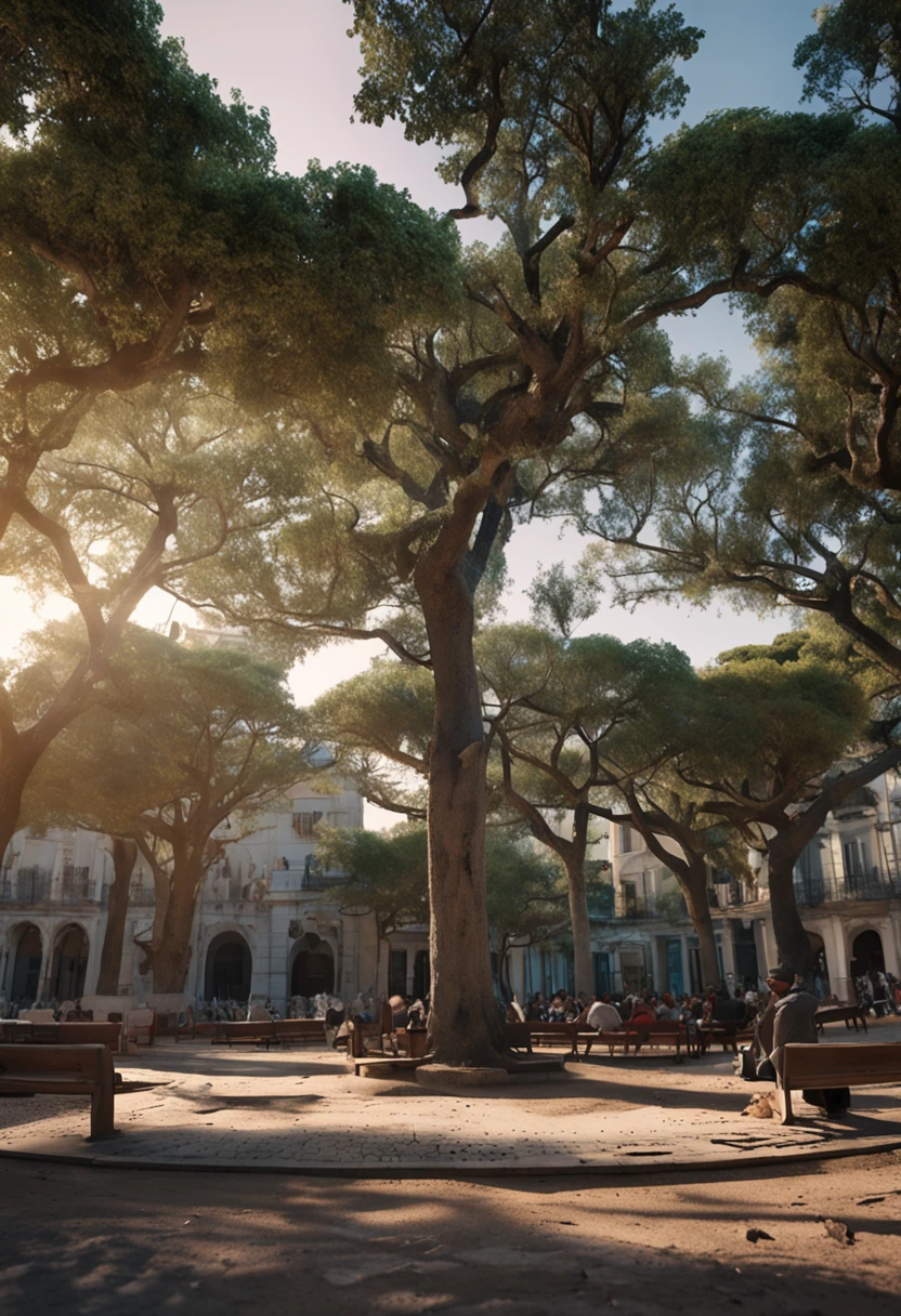 /imagine prompt: A tree-lined square with benches invites you to moments of tranquility and encounter. Majestic trees protect serene shade, while pigeons fly freely through the sky. As pessoas sentam-se nos bancos, aproveitando a paz do ambiente. In the center of the square, A group of young people wearing caps and sweatshirts surrounds a major radio label. The music plays loudly, preenchendo o ar com ritmo e energia. They dance with passion and freedom around the radio, turning the space into an impromptu party. The atmosphere is contagious, combining the splendour of nature with the youth youth. Fotografado por Mateus Oliveira, usando uma Nikon D750 com uma lente 35mm f/1.4, The lighting is soft and diffused, enhancing the details of the square and capturing the vitality of the young dancers. --v 5 --q 2
