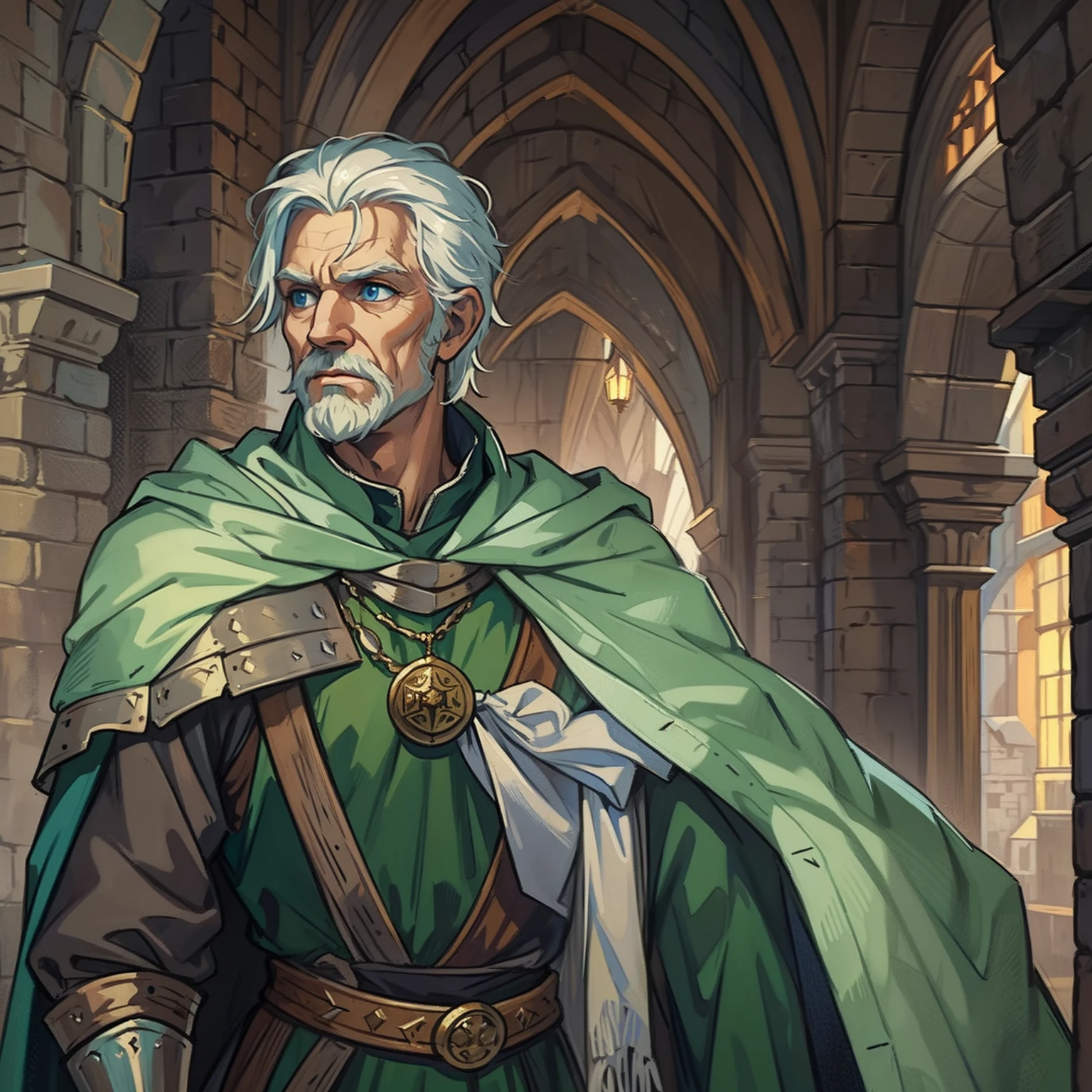 a portrait of a white-haired man a powerful old and elegant king with blue eyes an NPC for a medieval RPG wearing medieval costumes in a medieval art RPG art a rough detail art in a medieval castle 50-year-old man wearing green costumes a man with a masculine look traces of strong masculinity a true alpha