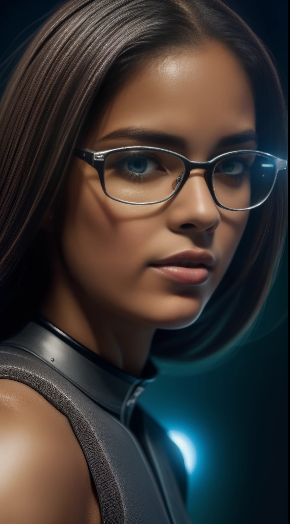(melhor qualidade, obra-prima:1.3),
A highly detailed space science fiction, cinematografic,
medium shot,
(detailedfacialfeatures), 1girl, cabelo vermelho, olhos azuis brilhantes, eyeglass, 
textura realista da pele,
intrincados antecedentes detalhados,