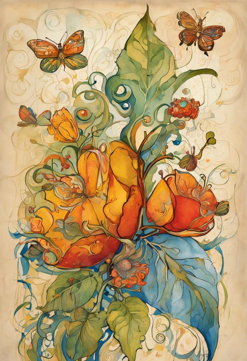 um bug voador dos desenhos animados em uma flor, in the style of illustrations inspired by art nouveau, Detailed skies, Chinapunk, illustrative story telling, solarizing master, Escola de Quito, visually poetic