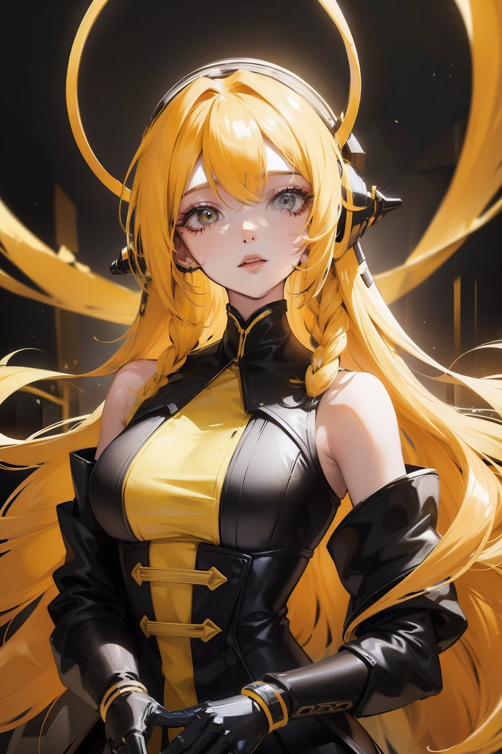 "Long, vibrant yellow hair styled with elegant braids, adorned with a sleek black headphone on her head. A unique blend of robotic and refined aesthetics, with a touch of sophistication. Dressed in colorful attire. Captured in stunning 8k resolution, delivering unparalleled visual detail."