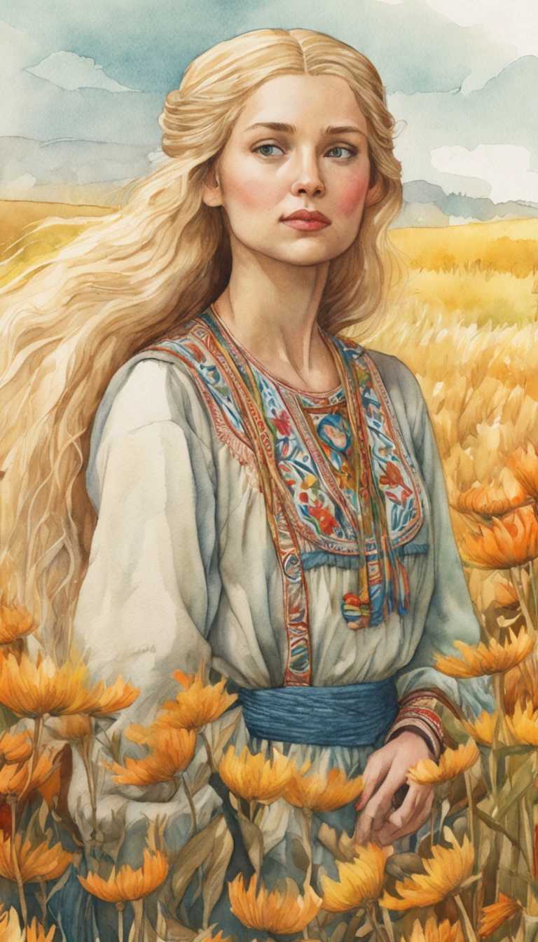 Watercolor painting in the style of Studio Ghibli depicting a blonde Ukrainian woman with hair, collected in a bundle, in Ukrainian national dress, embroidered embroidery. Against the background of a field of golden wheat. Full-length front image
