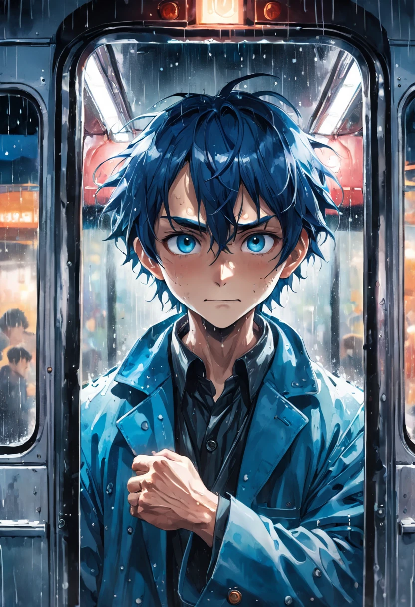 watercolor style front view close up (ultra wide lens:1.3), (far shot:1.3), photo of a The Joker opens the door of the blue bus in the rain, smiling sadly, sharp focus, studio photo, intricate details, highly detailed high contrast, cinematic, ultra detailed, intricate, professional award winning photography, Elke vogelsang
