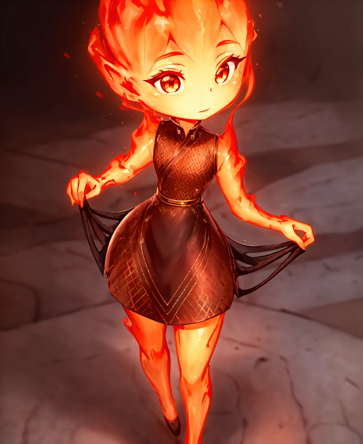 (best quality, masterpiece, detailed face, beautiful detailed eyes), Ember, girl made of fire, 1girl, (solo),standing, ((fullbody)), dark background,