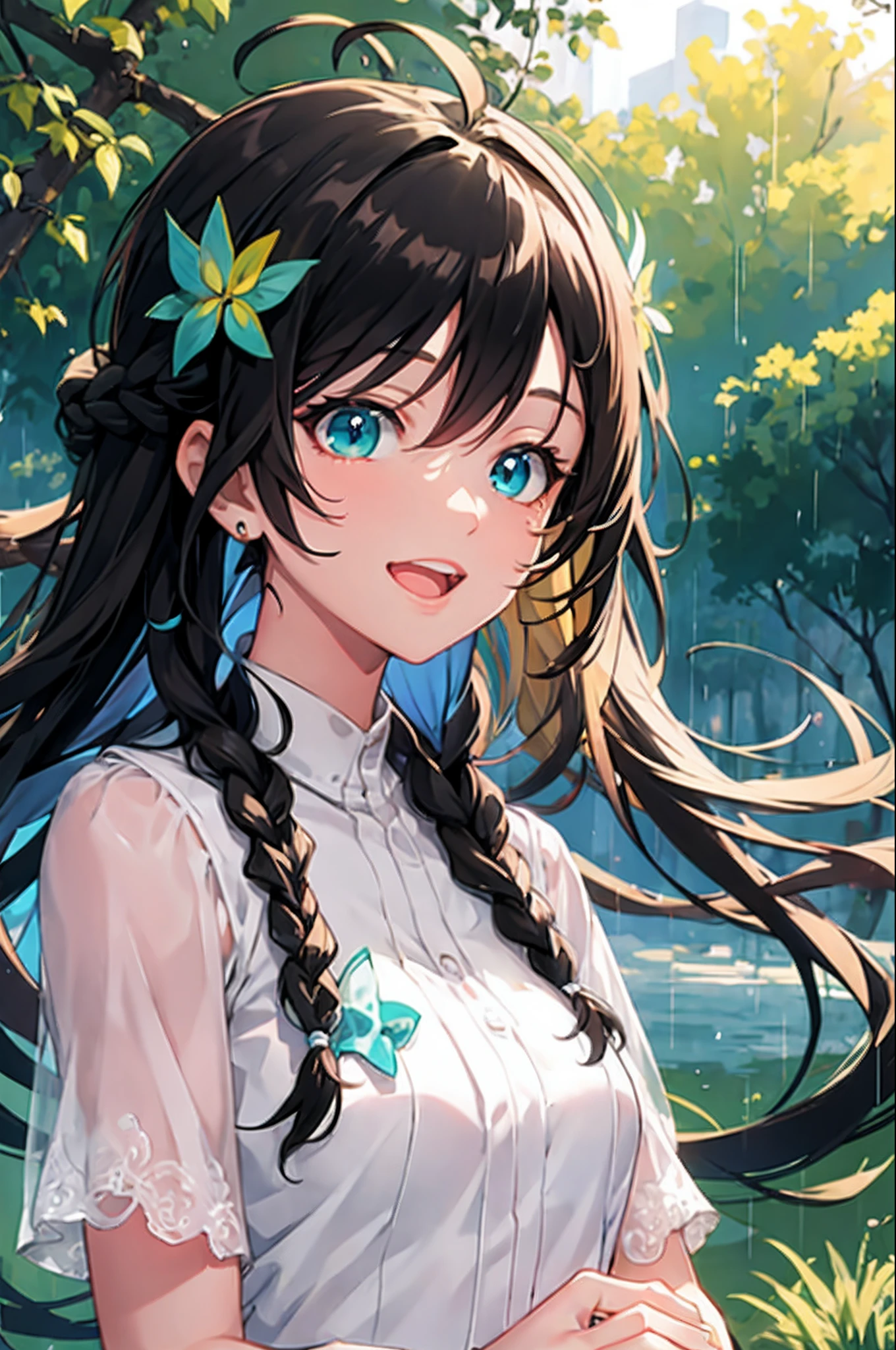 tazune rirei, masterpiece, best quality, braid hair, black hair, face close-up, (portrait), shiny aqua eyes, white formal dress, rainy, green forest, bokeh, outdoors, embarrassed, looking side, from side, (close mouth), perfect hands