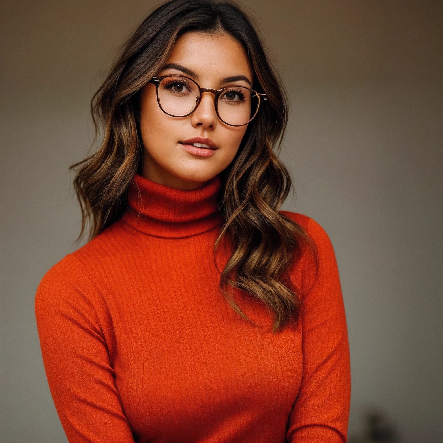 Um closeup da modelo nicola cavanis, (sozinho) (1girl), foco facial, Curvy Instagram template, lindo rosto bonito, Serious expression, pele realista, thick rimmed-glasses, orange turtleneck, corte de cabelo black bob, graveyard, ultra detalhado, high resolution, master part, best quality, Antecedentes detalhados