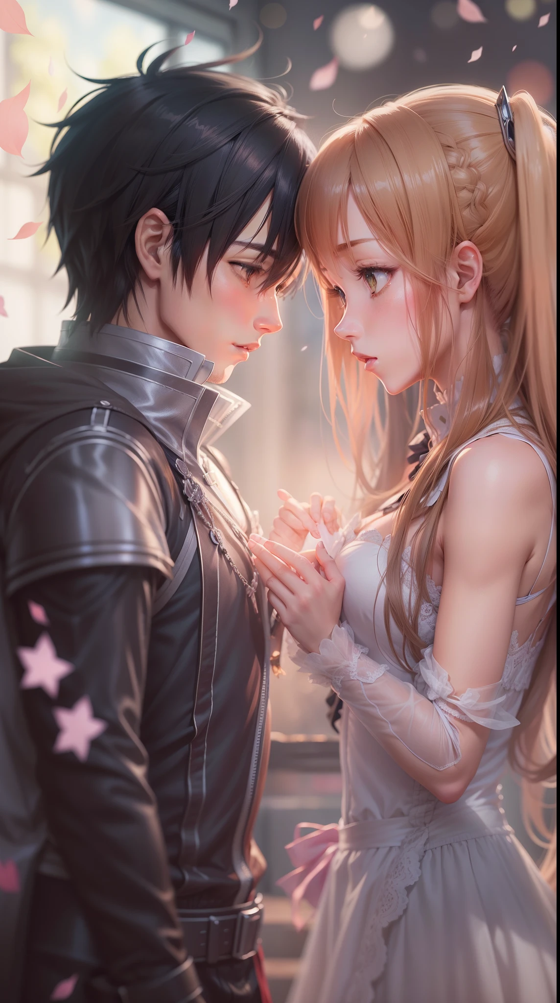 Romance em SAO:

Create a romantic scene with Kirito and Asuna sharing a special moment within the game.