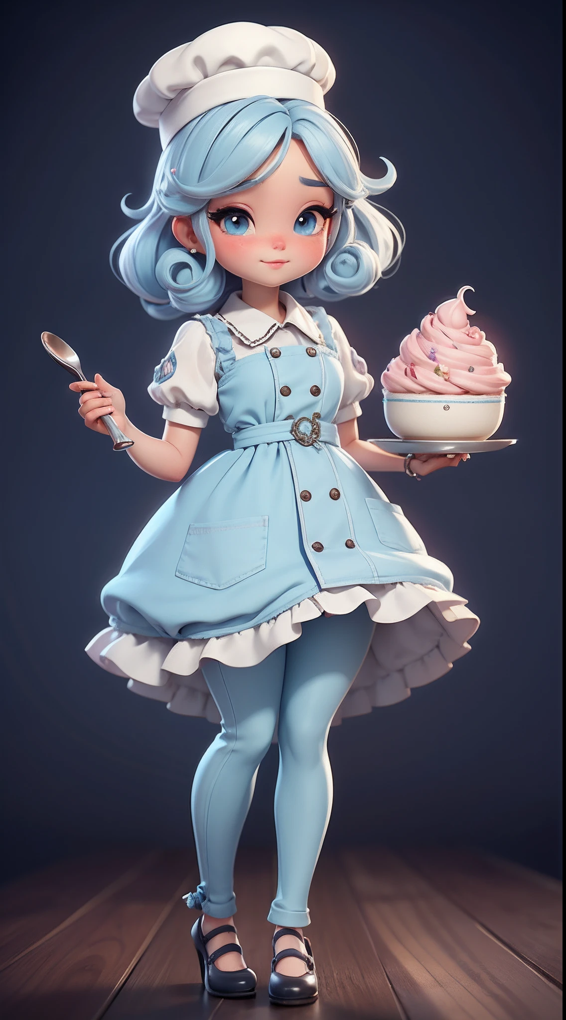 Create a series of chibi-style dolls with a cute pastry chef theme, each with lots of detail and in an 8K resolution. All dolls should follow the same solid background pattern and be complete in the image, mostrando o (corpo inteiro, incluindo as pernas: 1.5)
Boneca Mini Chef: Chame-a de Sophie. Ela deve ter cabelo curto e liso em tom de rosa ou azul pastel. Seus olhos devem ser grandes e expressivos, with long eyelashes and rosy cheeks. Sophie deve estar vestida com uma jaqueta de chef, striped pants and an ornate chef's hat. She should hold a wooden spoon in one hand and a bowl of cookie dough in the other. Certifique-se de adicionar detalhes nas roupas, such as buttons and pockets, sapato bonito
Certifique-se de adicionar sombras, texturas e detalhes nos cabelos, roupas, confectionery utensils and sweets from each doll, to make them even more adorable and charming.