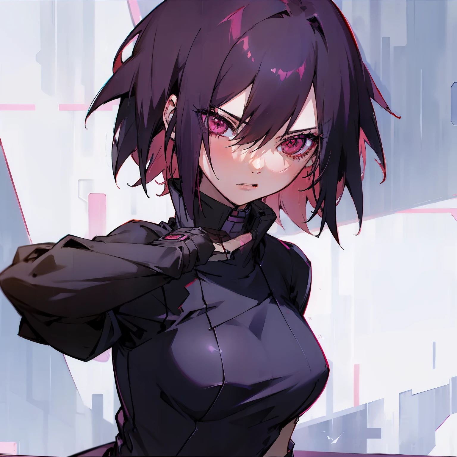 1girl, hair red, sheared hair, Pink eyes, cyberpunk clothes