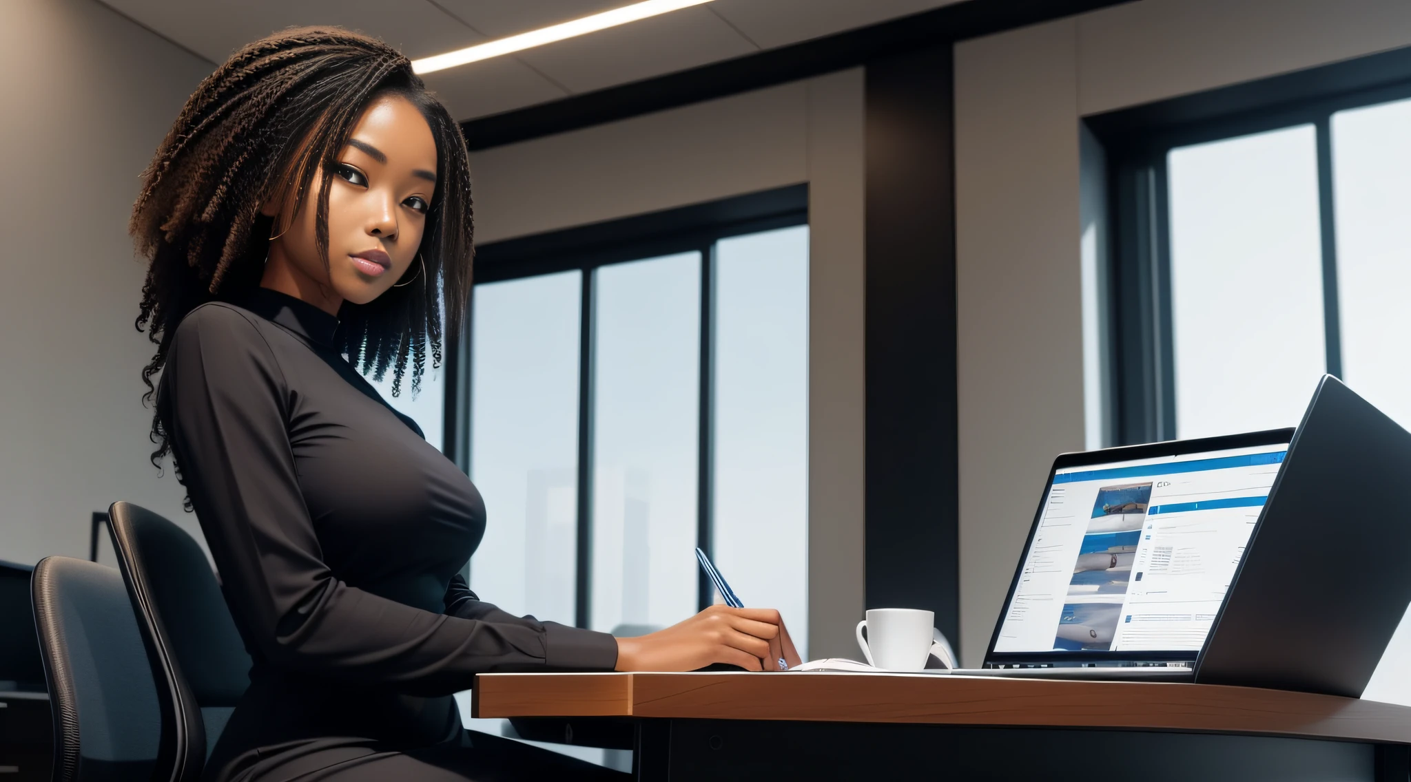 here is a blasian woman sitting frontal view close up at a desk with a laptop in a black dress