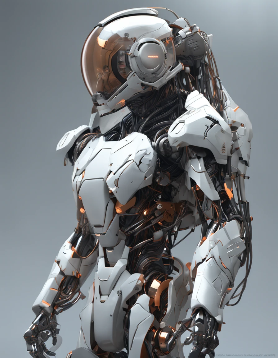 1 robot, organic, orange triangle glowing eyes, cyberhelmet, long hair, white plastic, diffuse lighting, fantasy, intricate, elegant, highly detailed, lifelike, photorealistic, smooth, sharp focus, art by John Collier and Albert Aublet and Krenz Cushart and Artem Demura, wires, tubes, dark room, dim light