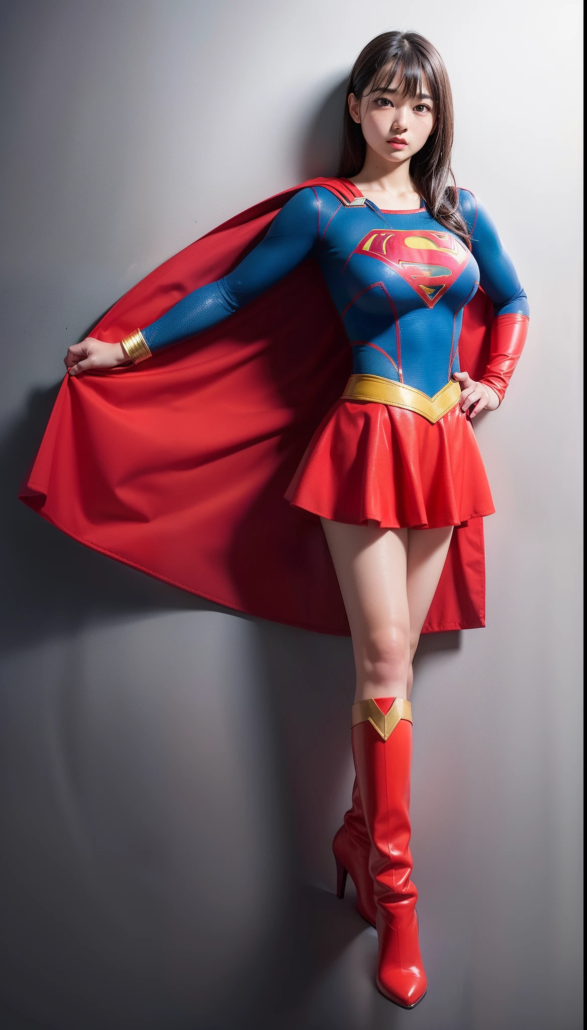 open window; Super Lorraine Bracco(fat woman; powerful; trusting; higher) 2007 (((Woman defined body with big breasts, strong and firm; Supergirl 1984s fancy dress))) as Supergirl(((Filme da Supergirl de 2007 de Lorraine Bracco))); floating in mid - air.