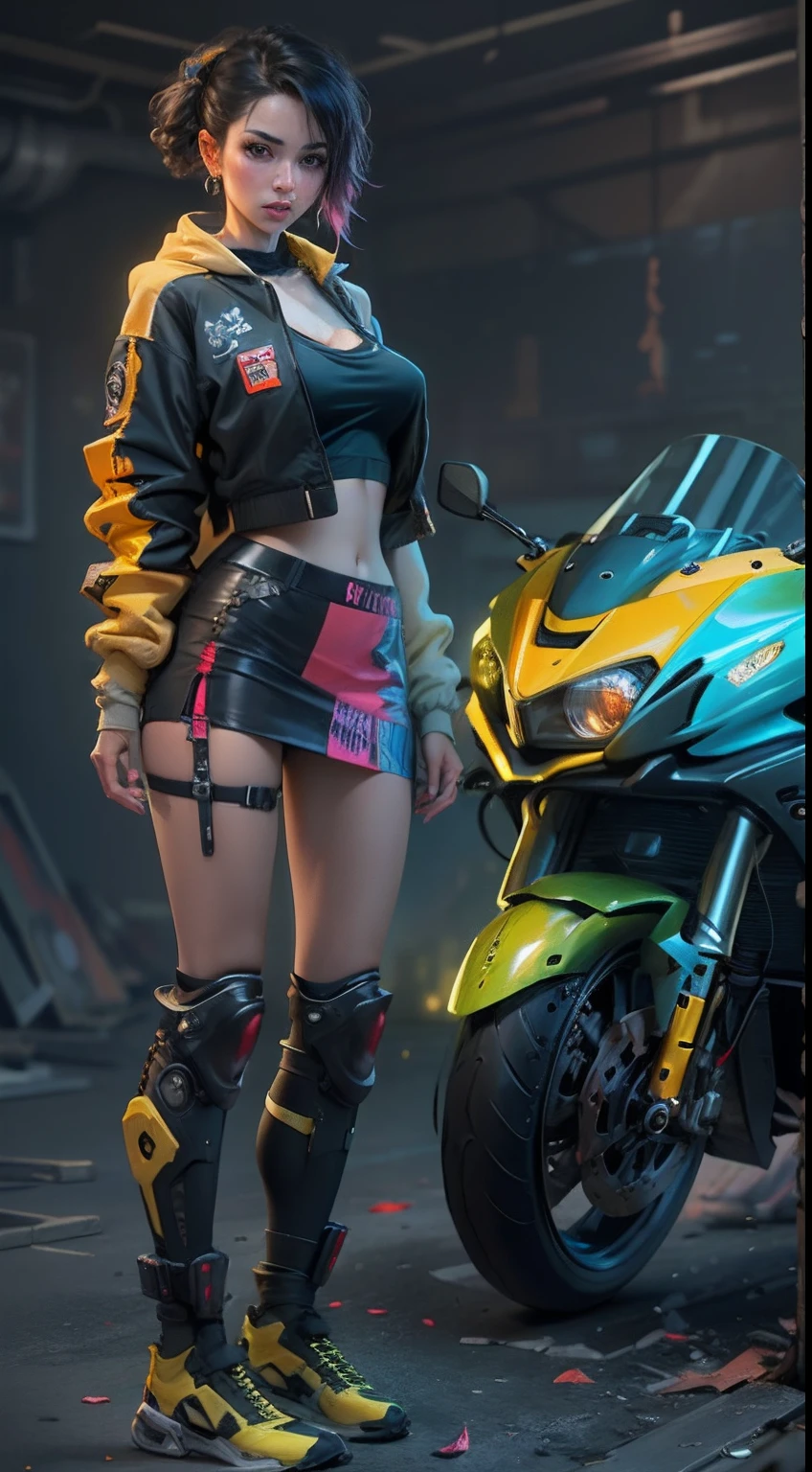 motor irreal:1.4,CG ultra realista 64K, fotorrealista:1.4, textura de la piel:1.4, obra maestra:1.4,Hermosa mujer con lingeries babydoll、Ropa corta estilo cyberpunk color amarillo, pantimedias red , mini skirt blue,
