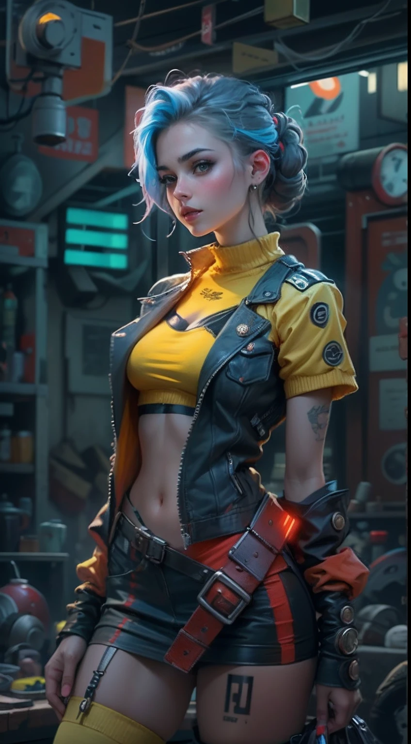 motor irreal:1.4,CG ultra realista 64K, fotorrealista:1.4, textura de la piel:1.4, obra maestra:1.4,posing behind Beautiful woman with doll lingerie、Ropa corta estilo cyberpunk color amarillo, pantimedias red , Mini falda azul,