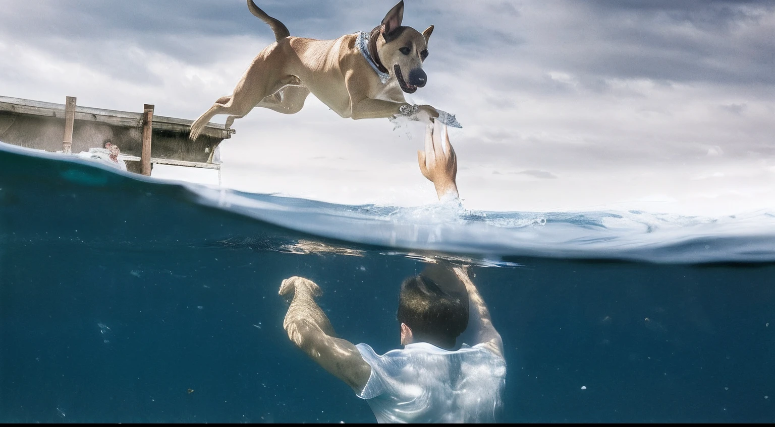 There is a man and a dog who are swimming in the water, incredible depth, award - winning pet photography, Eric Zener Aykut Aydogdu, Imagem incrivelmente composta, inspirado em Elke Vogelsang, inspirado em Eric Zener, incredible depth, subaquatic photography, Swimming underwater, Directed by: David Ruby, swimming to surface, foto viral, foto poderosa