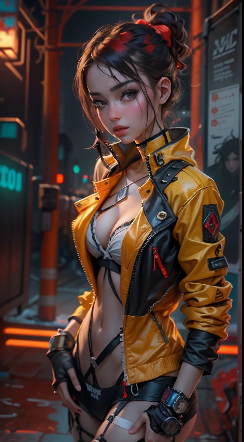 motor irreal:1.4,CG ultra realista 64K, fotorrealista:1.4, textura de la piel:1.4, obra maestra:1.4,posing behind Beautiful woman with doll lingerie、Ropa corta estilo cyberpunk color amarillo, pantimedias red , Mini falda azul,