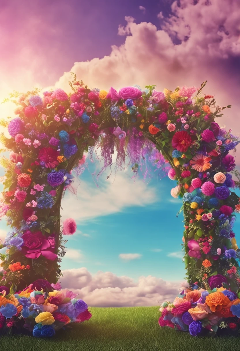 UN FONDO PARA FOTOGRAFIA DE ESTUDIO, WITH RAINBOW BLUE SKY AND FLOWER ARCH WITH SUPER RALISTA DREAM BACKGROUND AND IN 4K