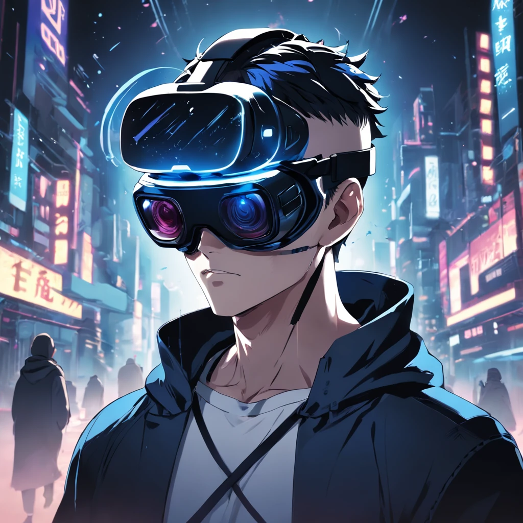 (((vector style))), close up, (((a man wearing VR glass))), (((super detailed))), walking, black and blue hair, dark clothes, tonal colors, detailed