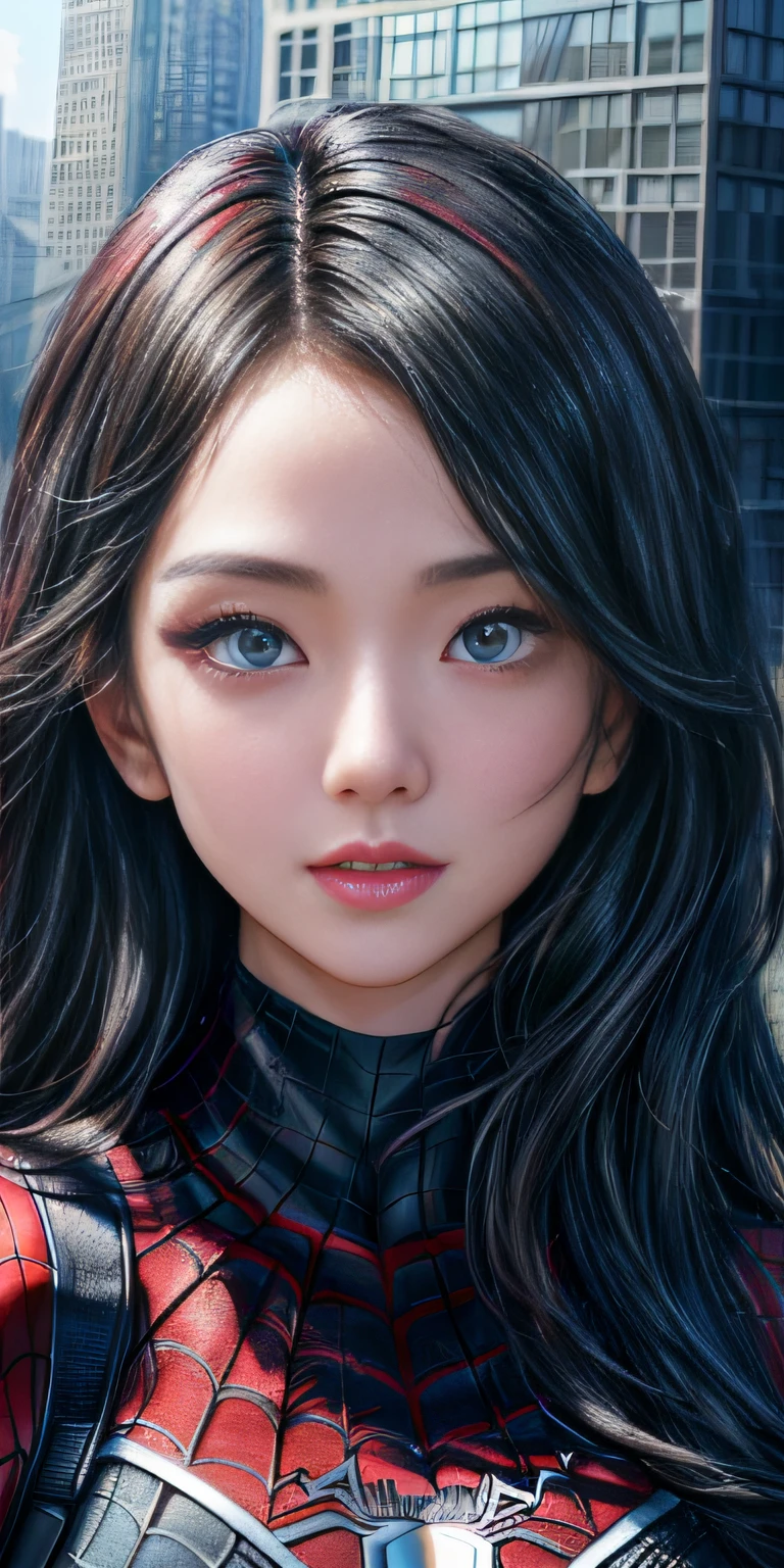 (1girl:1.3), Solo, (((Very detailed face)))), ((Very detailed eyes and face)))), Beautiful detail eyes, Body parts__, Official art, Unified 8k wallpaper, Super detailed, beautiful and beautiful, beautiful, masterpiece, best quality, original, masterpiece, super fine photo, best quality, super high resolution, realistic realism, sunlight, full body portrait, amazing beauty, dynamic pose, delicate face, vibrant eyes, (from the front), She wears Spider-Man suit, red and black color scheme, spider, very detailed city roof background, rooftop, overlooking the city, detailed face, detailed complex busy background, messy, gorgeous, milky white, highly detailed skin, realistic skin details, visible pores, clear focus, volumetric fog, 8k uhd, DSLR, high quality, film grain, fair skin, photo realism, lomography, futuristic dystopian megalopolis, translucent