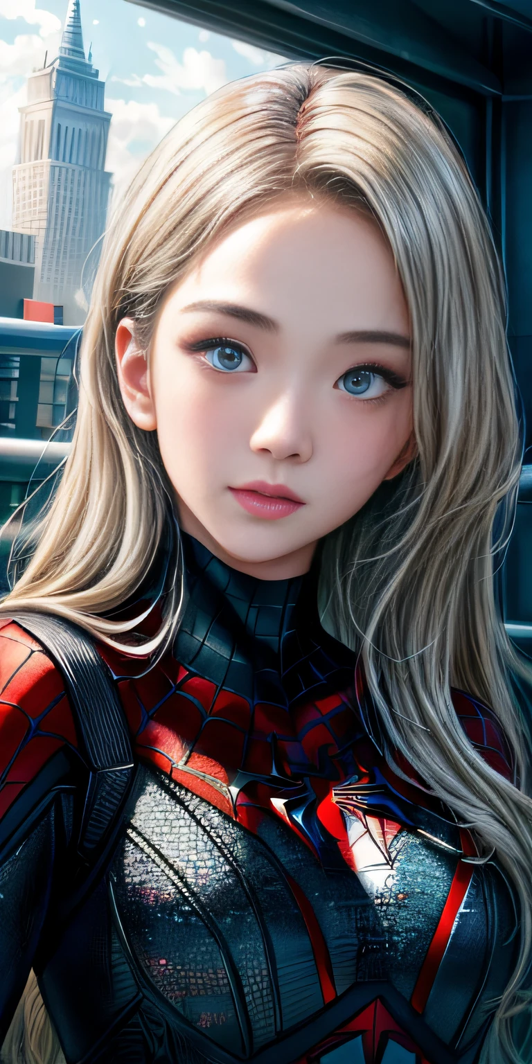 (1girl:1.3), Solo, (((Very detailed face)))), ((Very detailed eyes and face)))), Beautiful detail eyes, Body parts__, Official art, Unified 8k wallpaper, Super detailed, beautiful and beautiful, beautiful, masterpiece, best quality, original, masterpiece, super fine photo, best quality, super high resolution, realistic realism, sunlight, full body portrait, amazing beauty, dynamic pose, delicate face, vibrant eyes, (from the front), She wears Spider-Man suit, red and black color scheme, spider, very detailed city roof background, rooftop, overlooking the city, detailed face, detailed complex busy background, messy, gorgeous, milky white, highly detailed skin, realistic skin details, visible pores, clear focus, volumetric fog, 8k uhd, DSLR, high quality, film grain, fair skin, photo realism, lomography, futuristic dystopian megalopolis, translucent