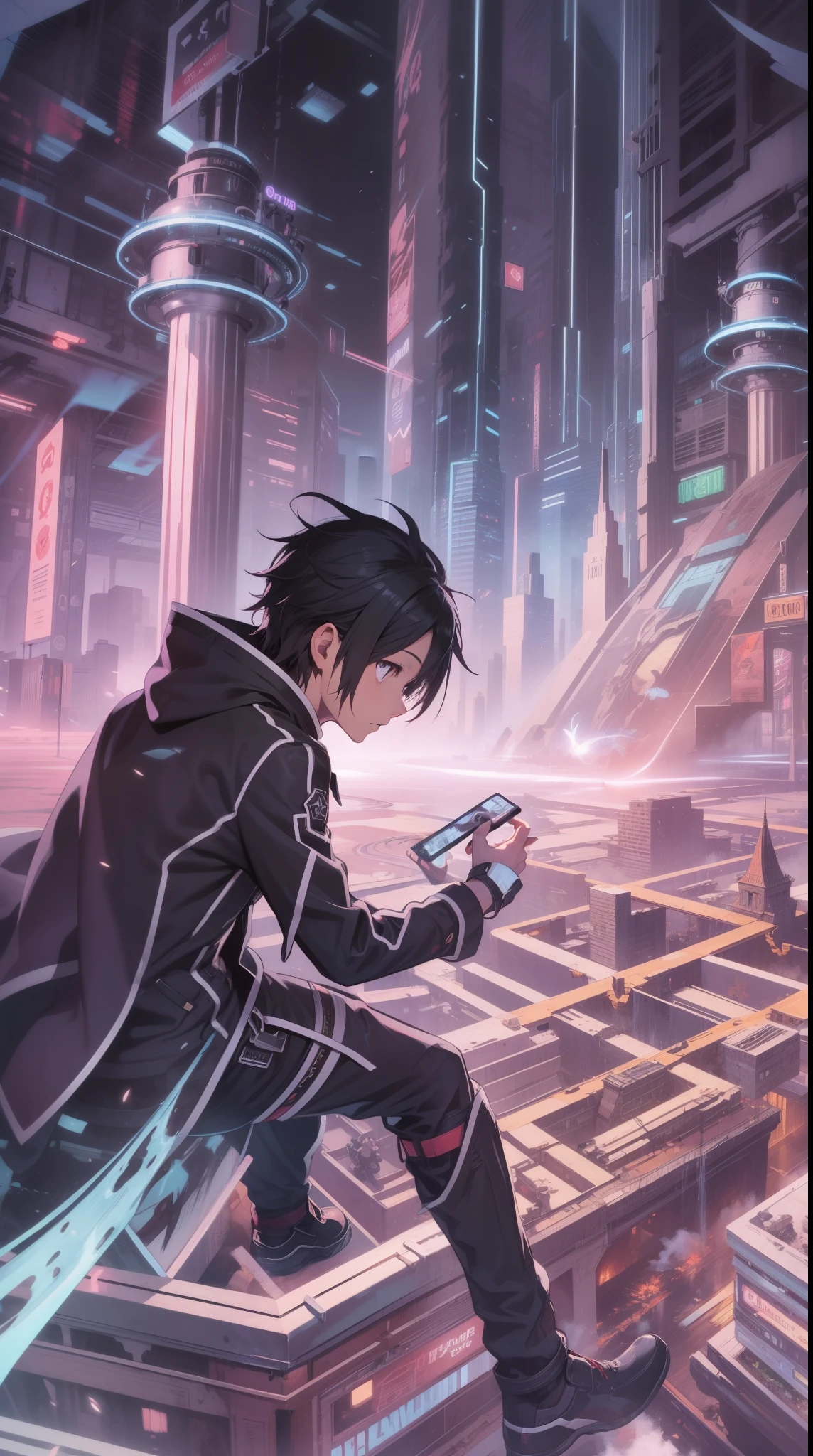 "Arte misteriosa:
Create an illustration of Kirito exploring an unknown virtual world, full of mystery and discoveries.".