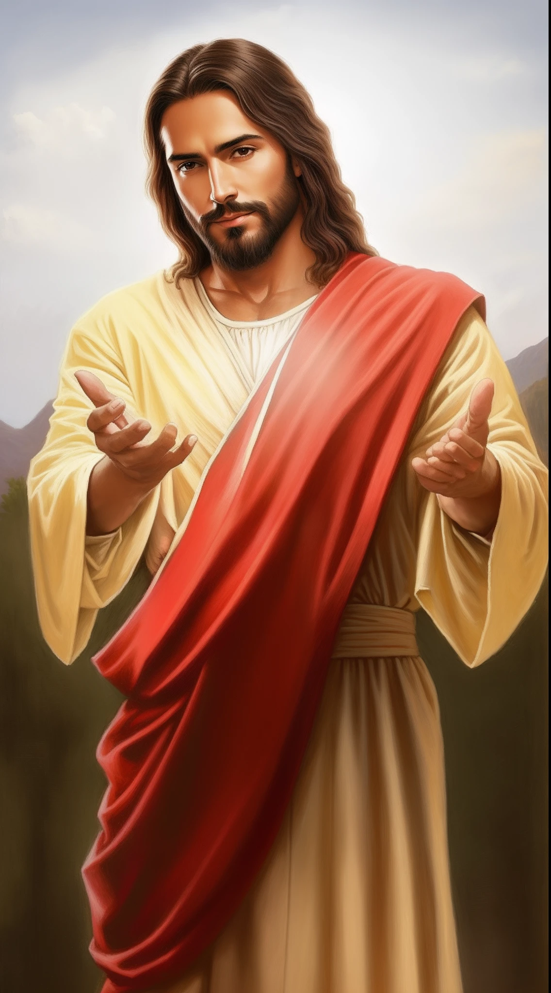 jesus with a red robe and a red shaw, he is greeting you warmly, jesus christ, dressed like jesus christ, the lord and savior, jesus christ going super saiyan, ! holding in his hand !, young almighty god, his arms spread, jesus of nazareth, on his right hand, jesus, black jesus, king of kings, jesus christ in mass effect