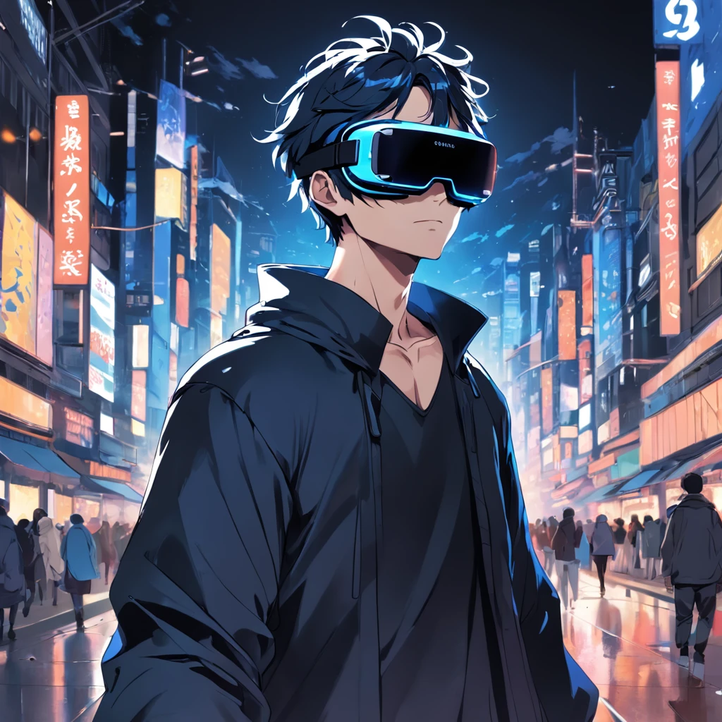 (((vector style))), (((a man wearing VR glass))), (((super detailed))), walking, black and blue hair, dark clothes, tonal colors, detailed