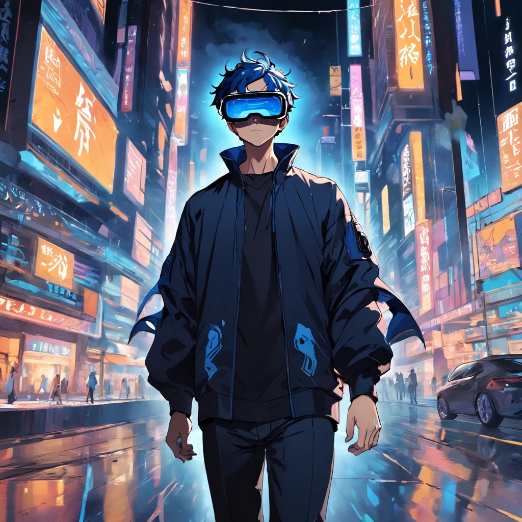 (((vector style))), (((a man wearing VR glass))), (((super detailed))), walking, black and blue hair, dark clothes, tonal colors, detailed
