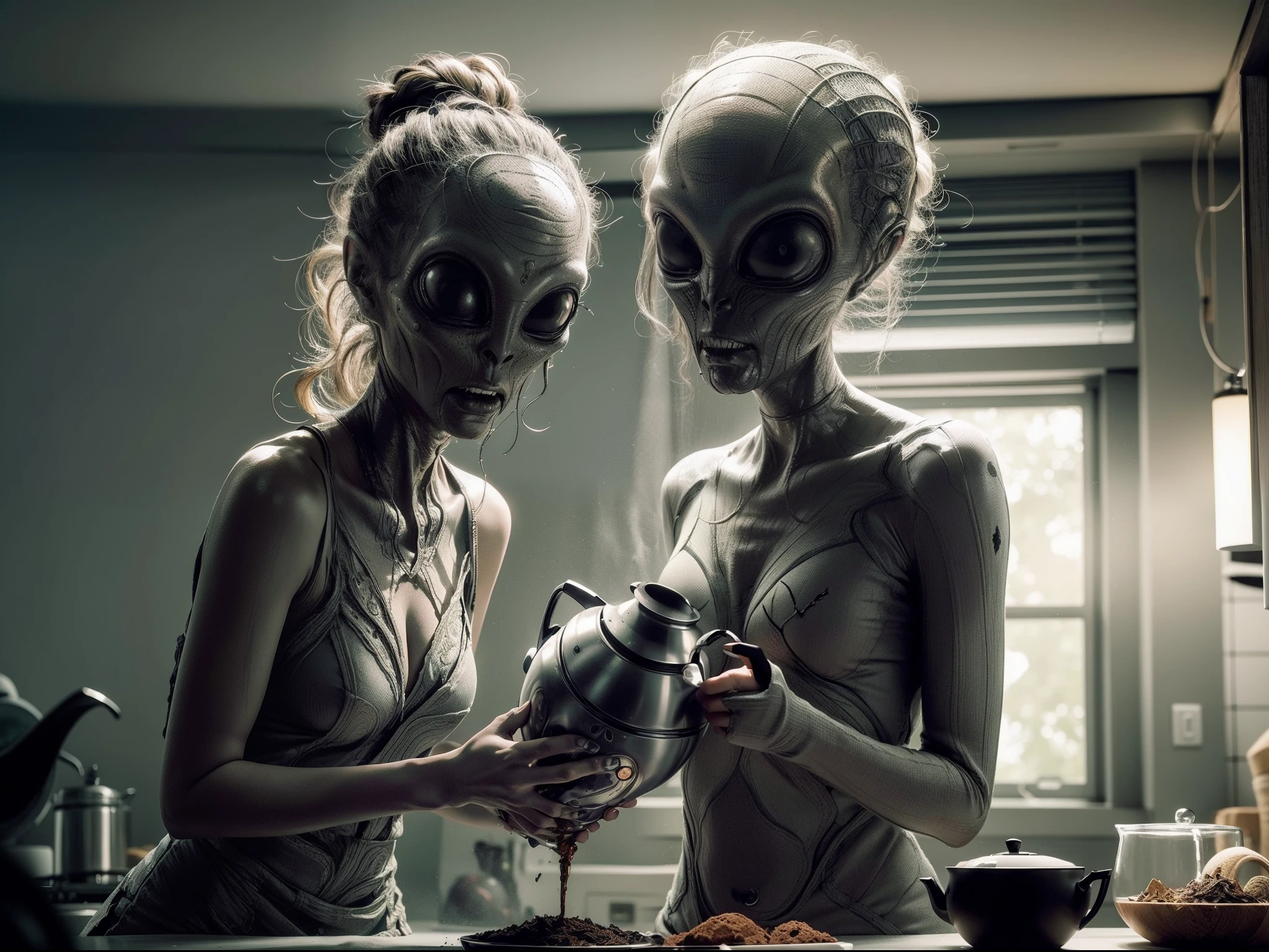 ((Woman with alien face)), ((usando una tela femenina)), en una cocina, (Make a tea), Sombras perfectas, 8k, sombra solar, Movie Lightning, 8k, Foto RAW, La mejor calidad, Obra maestra, Foto en color RAW de alto detalle, , cinematic lighting, cuerpo completo,